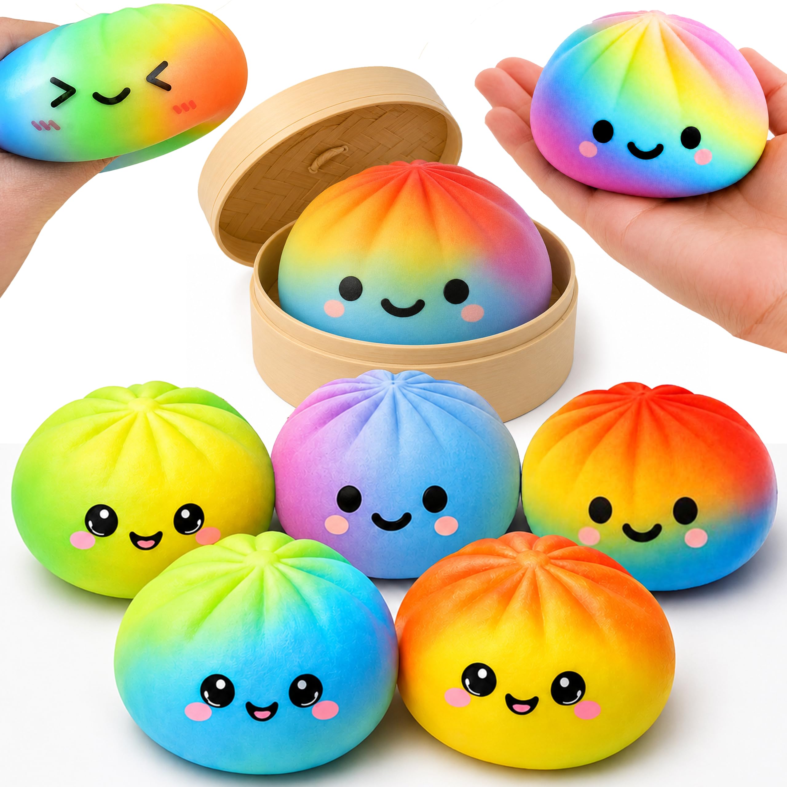 Rainbow Dumpling Toy 8.5cm - 1x Random Mystery Surprise Bao Bun Dumpling with Steamer Box, Air Filled Viral Dumpling, Fidget Toys for Kids 3+