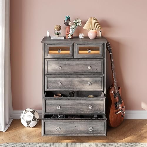 Miniatura 9 de Cómoda moderna de 6 cajones con luces LED, aparadores para dormitorio, cómoda alta, organizadores de armario y ropa de almacenamiento, asa fácil de