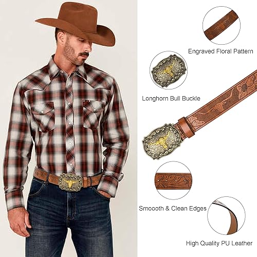 Miniatura 6 de Cinturón de vaquero occidental para hombre y mujer, de piel sintética, estampado floral, con hebilla de toro (para 25" a 38" cintura)
