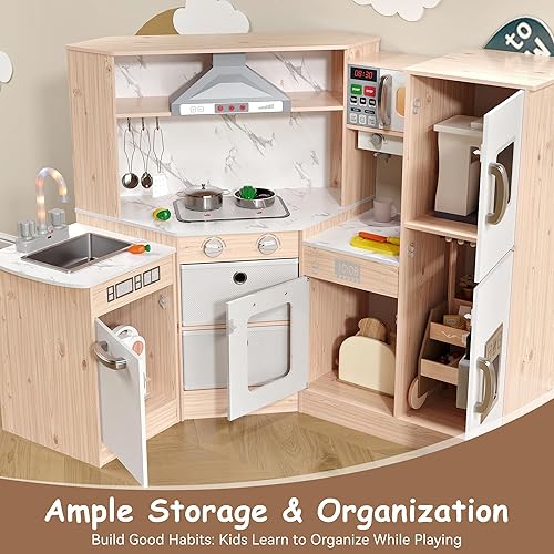 Miniatura 6 de Cocina de juego de madera para niños con luces y sonidos realistas, almacenamiento inteligente, máquina de hielo de simulación, fregadero, estufa,