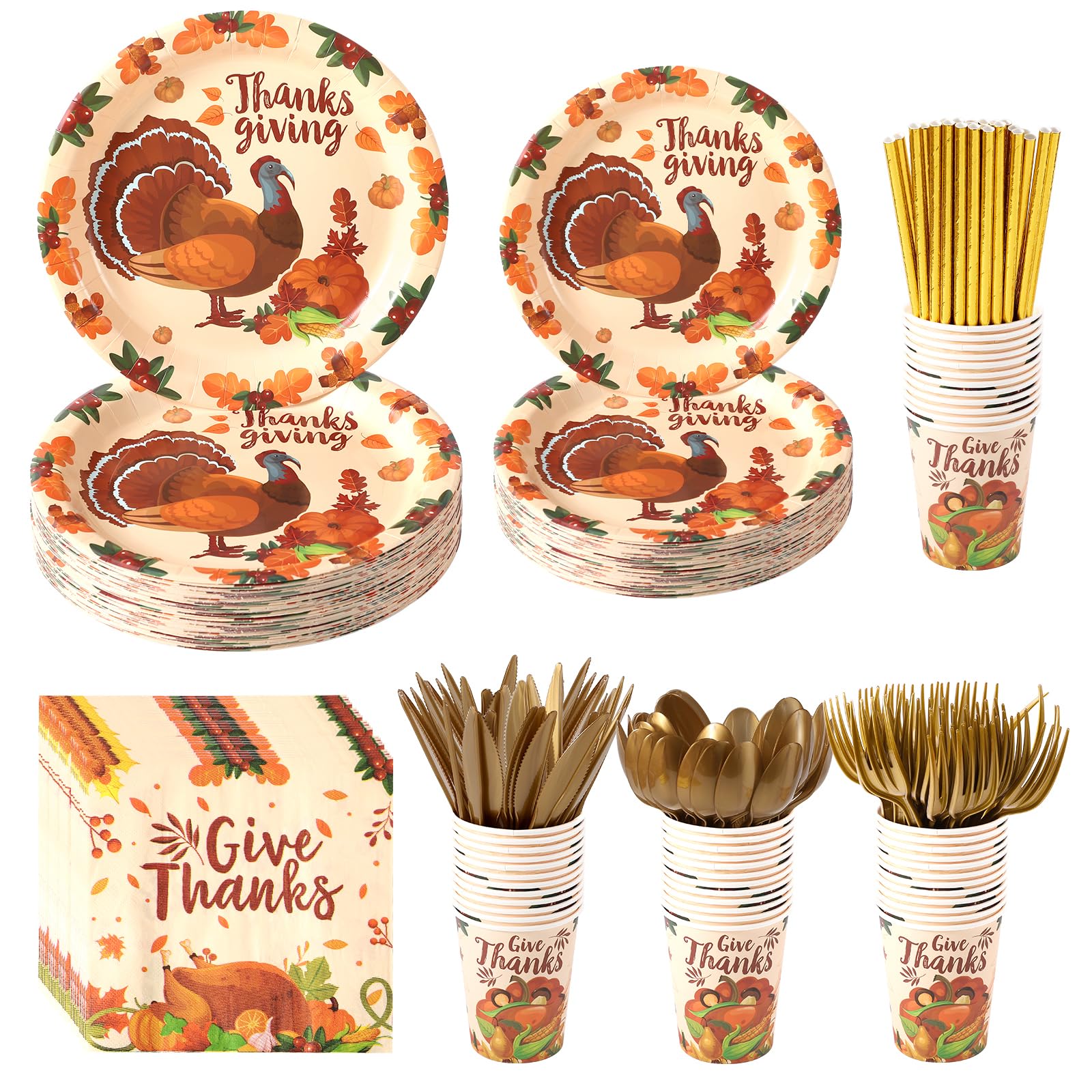 192 PCS Thanksgiving Party Supplies Disposable Plates, 24 Paper Plates,Cups,Straws,Napkins,Knives,Forks and Spoons Dinnerware Sets for 24 Guests with