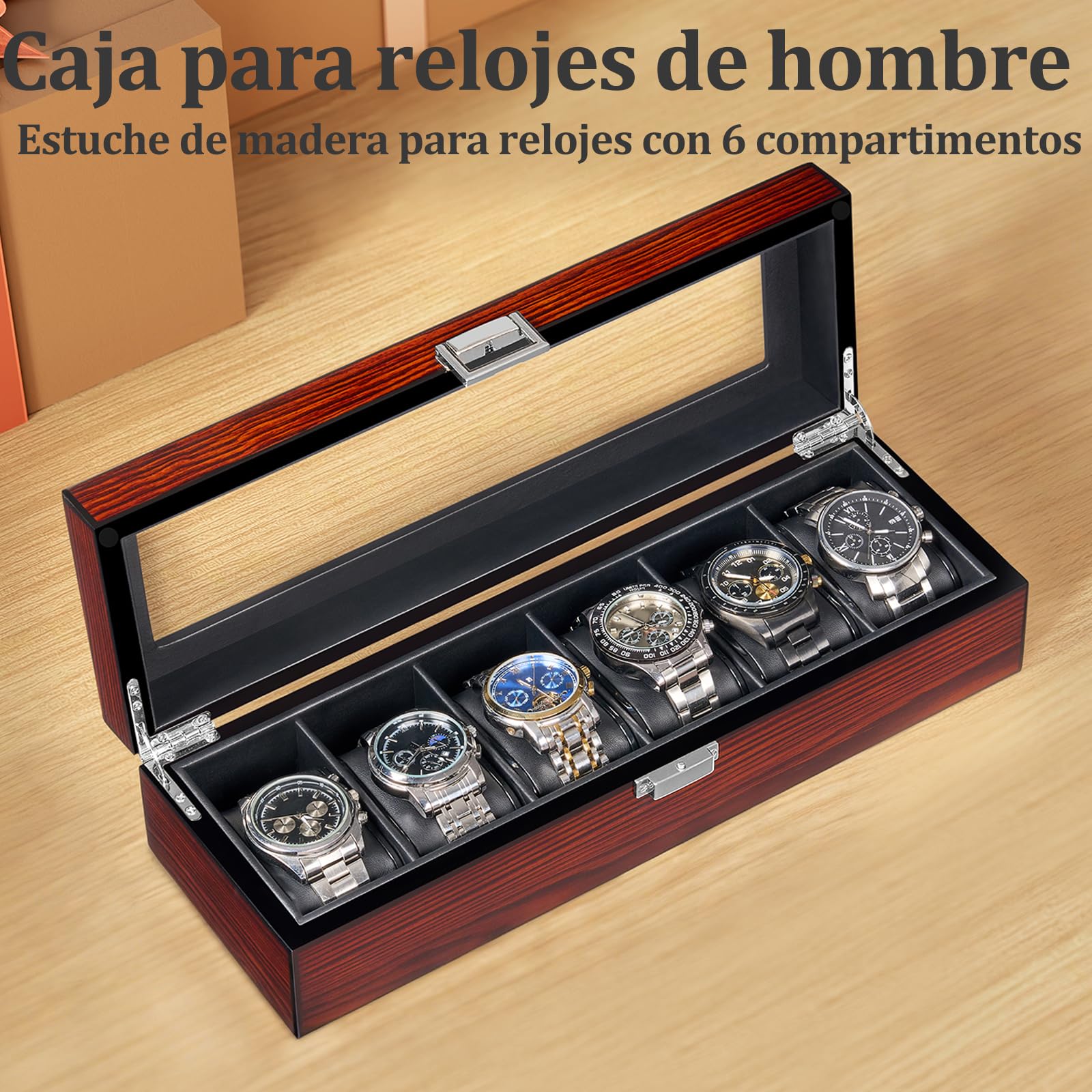 BEWISHOME Caja Para Relojes Hombre De Madera, Caja Relojes Organizador Con 6 Compartimentos,Con Tapa De Cristal Auténtico, Interior De Piel Sintética Suave, Color Marrón ESSH06Y