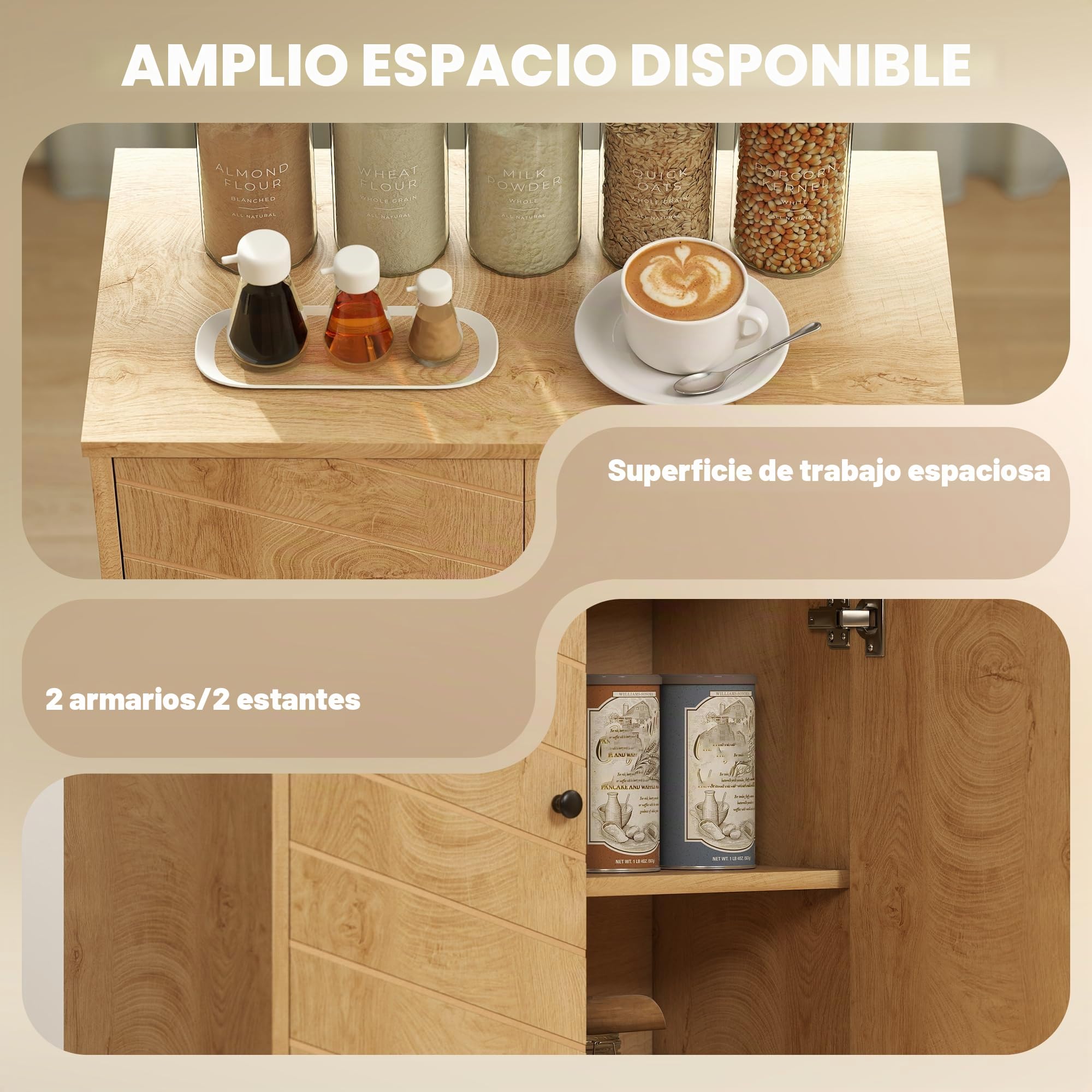 HOMCOM Aparador armario vintage 2 puertas chevrón acabado madera natural | Armario de almacenamiento de cocina moderno, patas de pino, salón cocina pasillo
