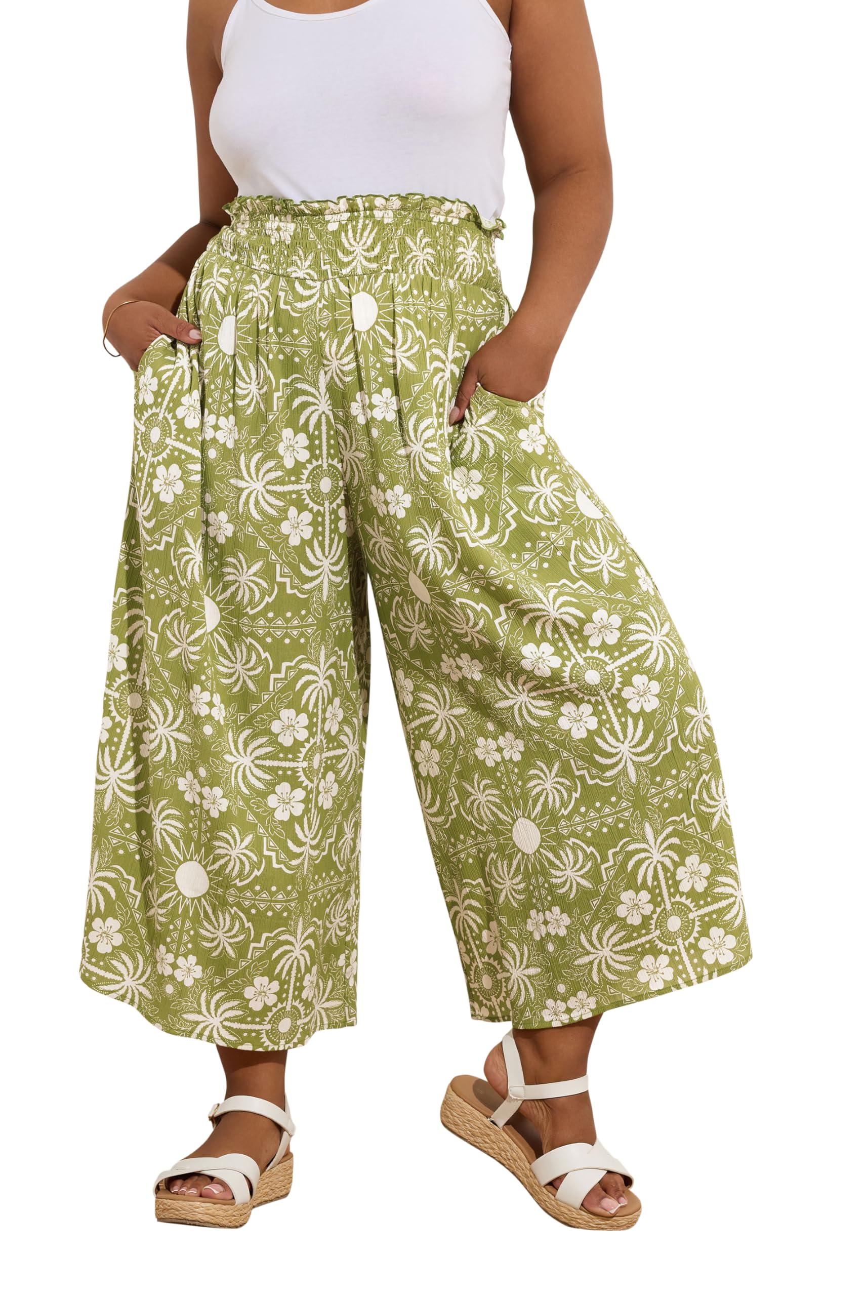 Yours Curve Palm Print Shirred Midaxi Culottes - Women's - Plus Size Curve