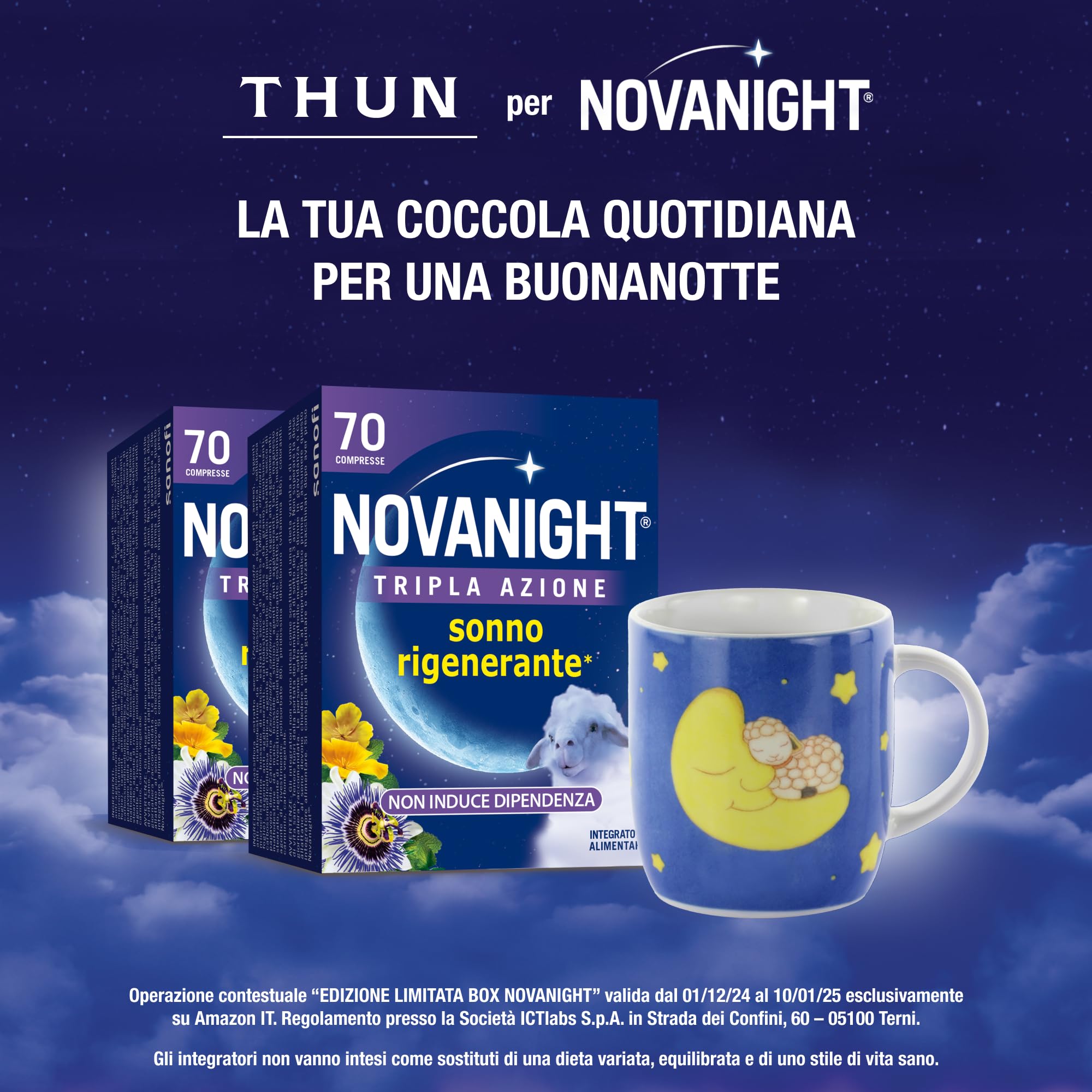 Novanight, Idee Regalo Tazza Thun in Omaggio con Novanight Tripla Azione Melatonina per Dormire, Integratori, Disturbi del Sonno - Escolzia, Passiflora, Melissa (70+70 Compresse)