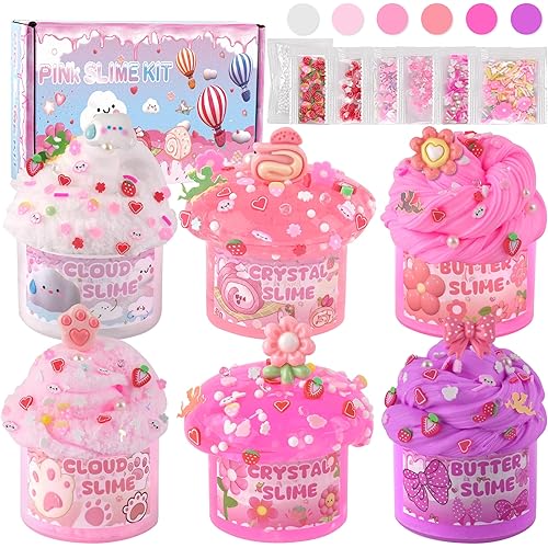 6 Pack Slimes, Pink Slime Kids, Cloud Slime kit for Girls Ages 8-12, Toys for Girls and Boys, for Kids Slime Set Party kit Goodie Bag Stuffers, 4 5 6 7 8 9 10 Year Old Girl Birthday Gift Cute Stuff