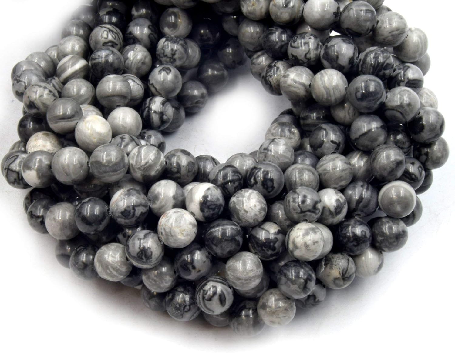 Picture Jasper Beads | Smooth Gray Picture Round Beads | 6mm 8mm 10mm 12mm | Loose Beads - 10mm - 1 Strand