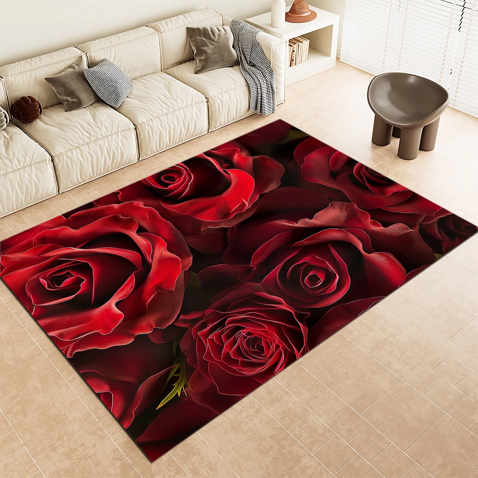 The Carpet nowoczesny dywan z krótkim włosiem do sypialni, jadalni i kuchni, łatwa pielęgnacja, wysoka gęstość runa i przyjemnie miękki, wzór w kwiaty i róże, 180 x 240 cm, czerwony