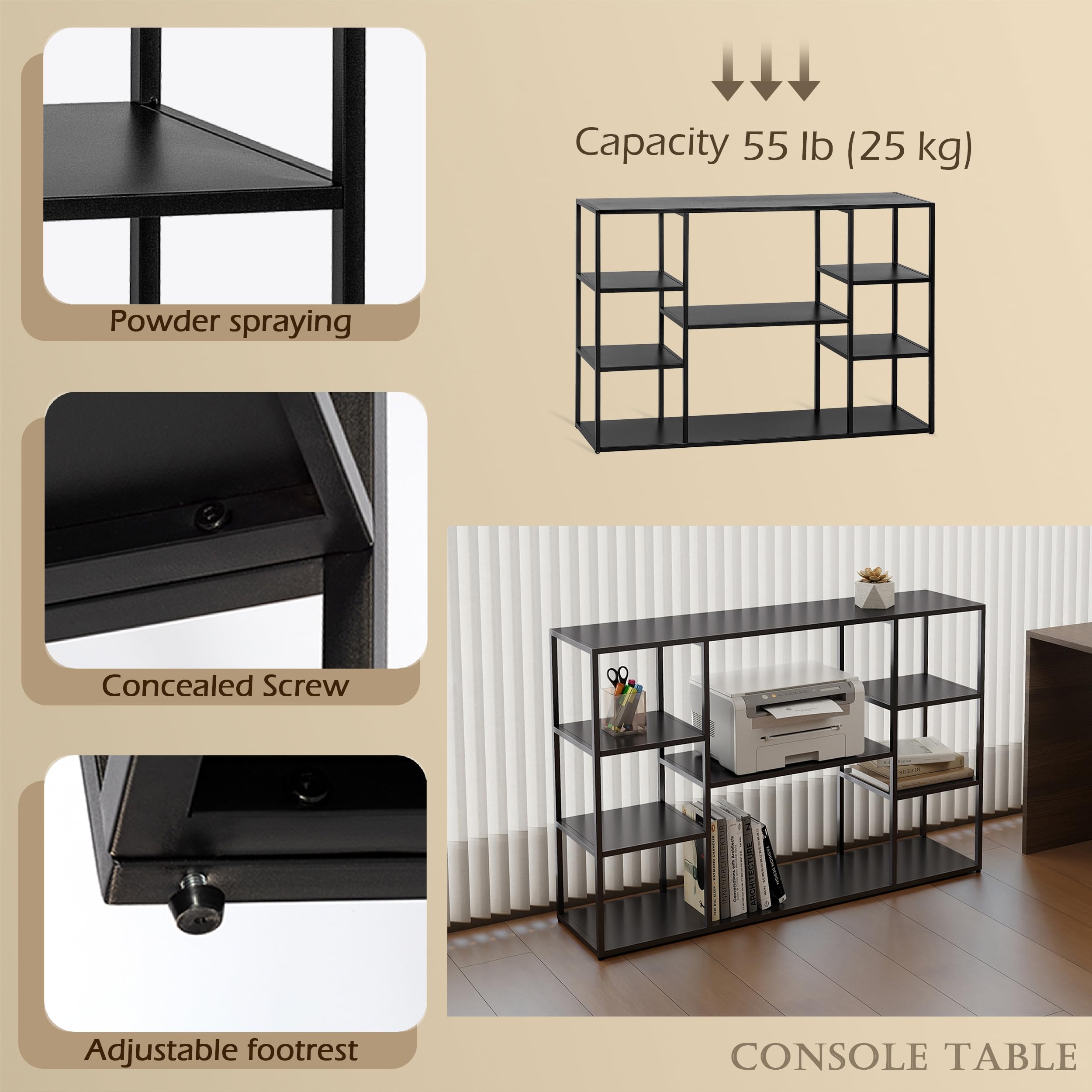 HDANI 120cm Langer Sofa-Konsolentisch,Schmaler moderner Eingangstisch hinter der Couch mit Ablageflächen,4-stufiges Bücherregal für Wohnzimmer,Schlafzimmer,Flur (Schwarz, 120 x 30x 80 cm)