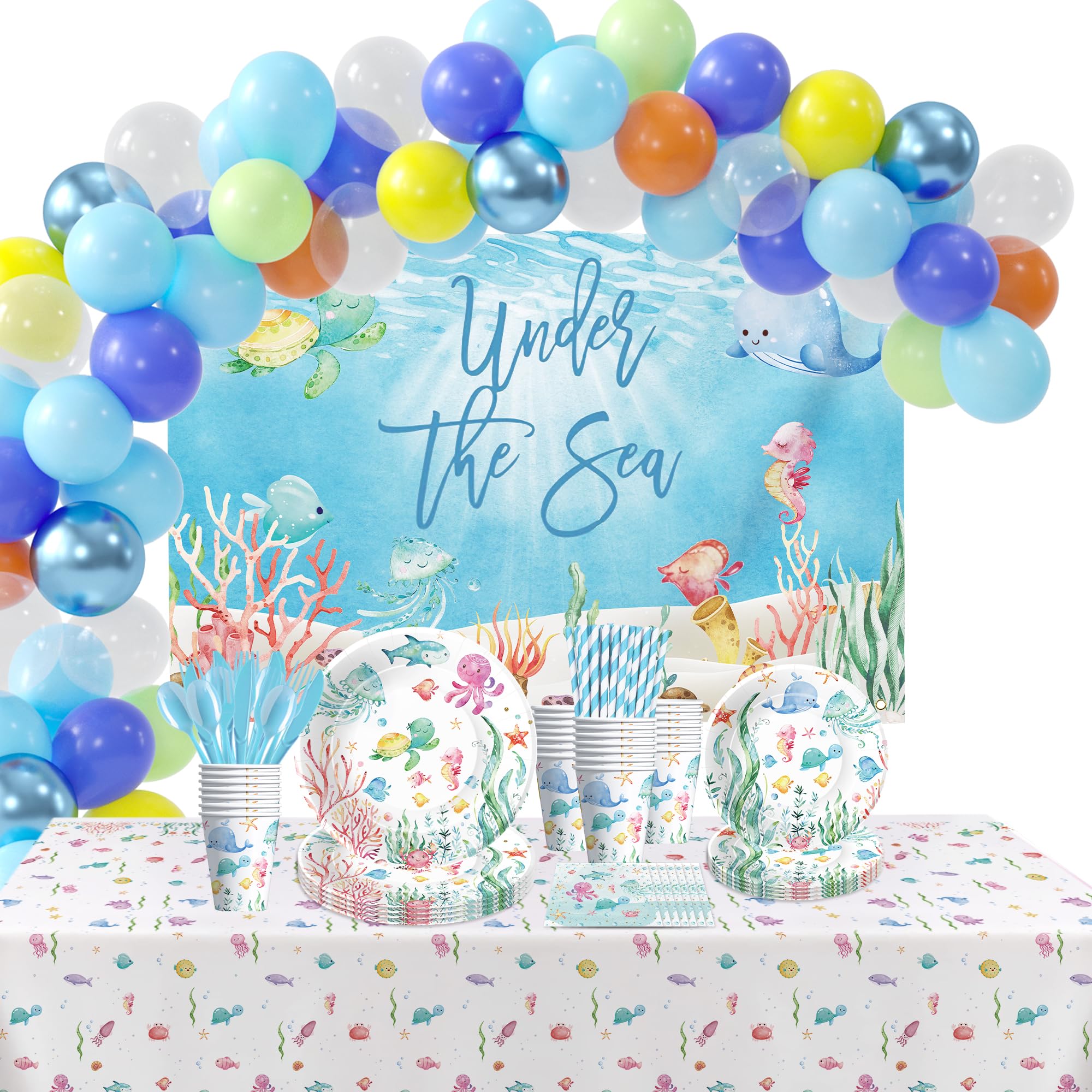 APOWBLSUnder The Sea Party Decorations For Birthday Baby Shower, Ocean Under The Sea Party Supplies, Plate, Cup, Napkin, Balloon Arch, Backdrop, Tablecloth, Cutlery, Sea Life Party Supplies, Serve 24