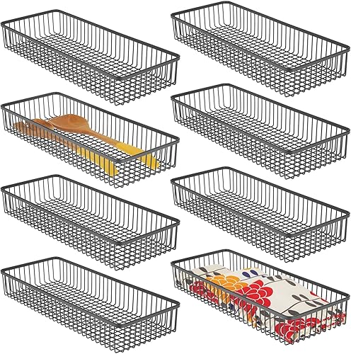 mDesign Bandeja organizadora de cajones de cocina de metal de granja, contenedor de almacenamiento poco profundo para cubiertos, cucharas de servir,