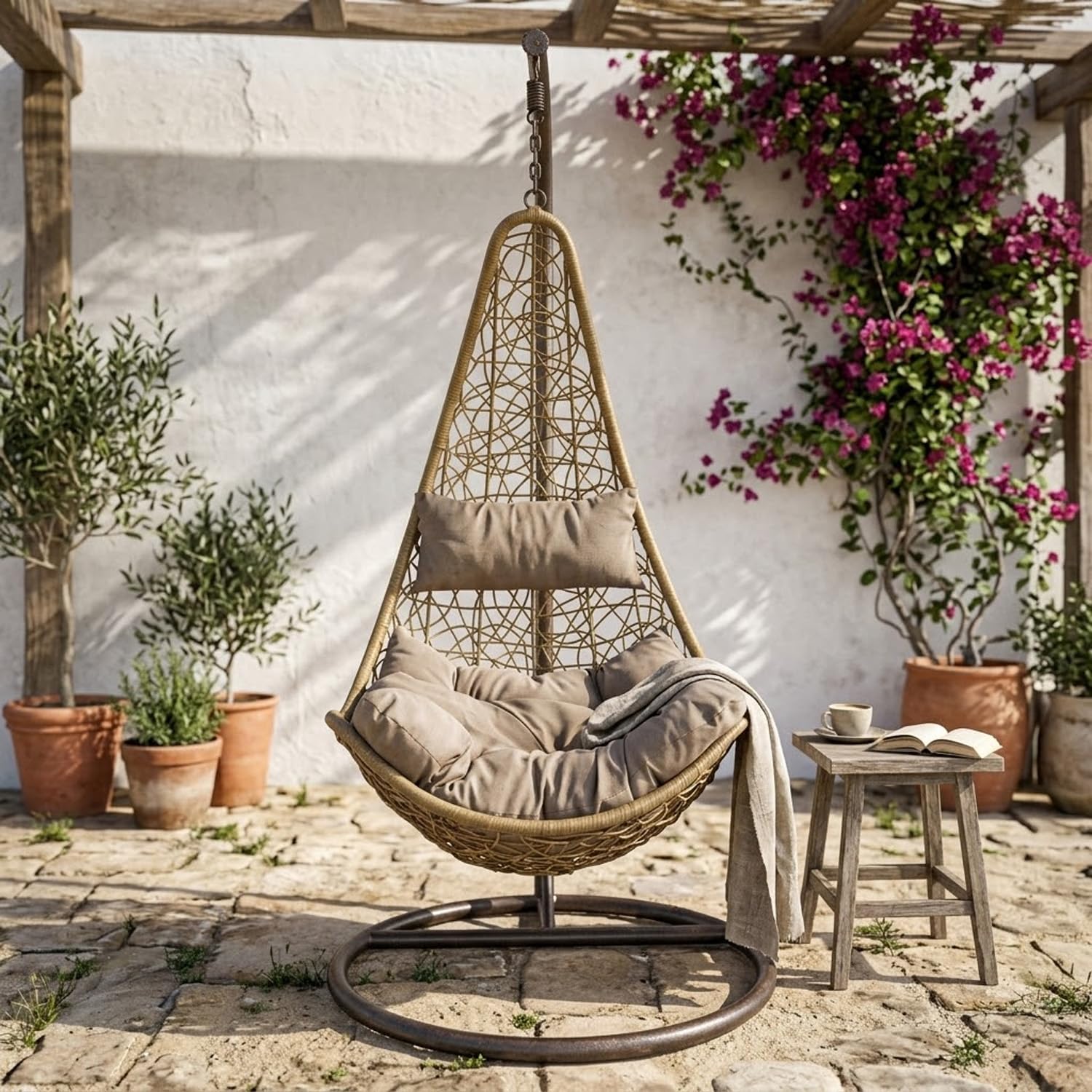 Poltrona Sospesa Da Esterno Per Giardino Con Struttura Autoportante In Metallo Seduta In Polyrattan E Cuscino Con Poggiatesta Arredo Outdoor Terrazza Balcone E Veranda 105 x 195 Cm Beige