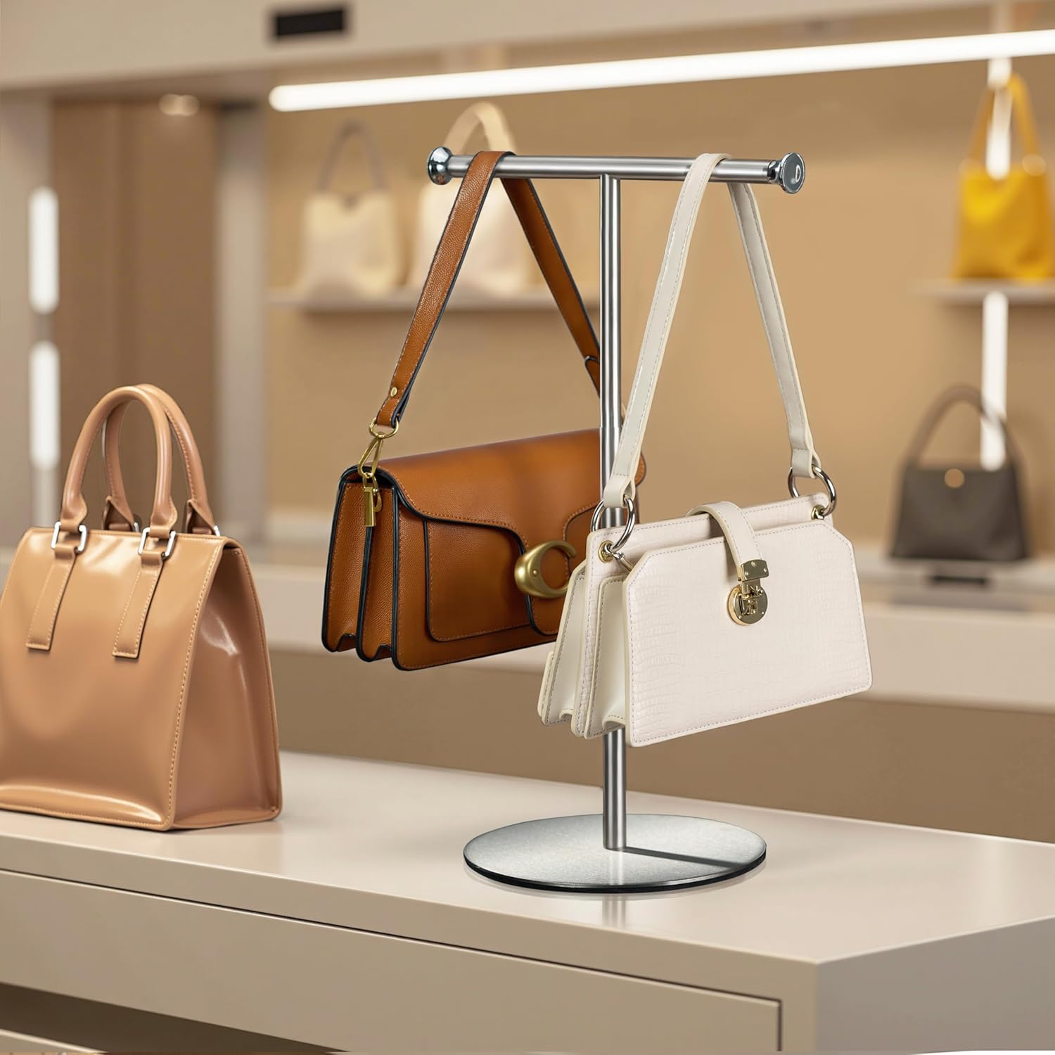 niffgaff T Bar Purse Display Stand Tabletop: Adjustable Height 201 Stainless Steel Handbag Holder, Countertop Hanging Rack for Long Necklace Scarf Lanyard, Silver Brushed Finish - Image 6