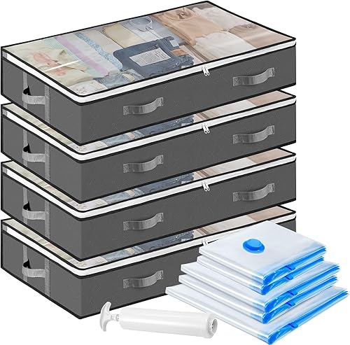 Paquete de 4 recipientes de almacenamiento debajo de la cama con ventana y asas, paquete de 5 bolsas de almacenamiento al vacío para ropa,