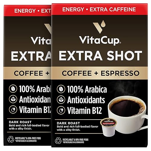 VitaCup - Cápsulas monodosis de café Extra Shot, tostado superintenso con café expreso, mucha cafeína, vitamina B12, antioxidantes, reciclables,