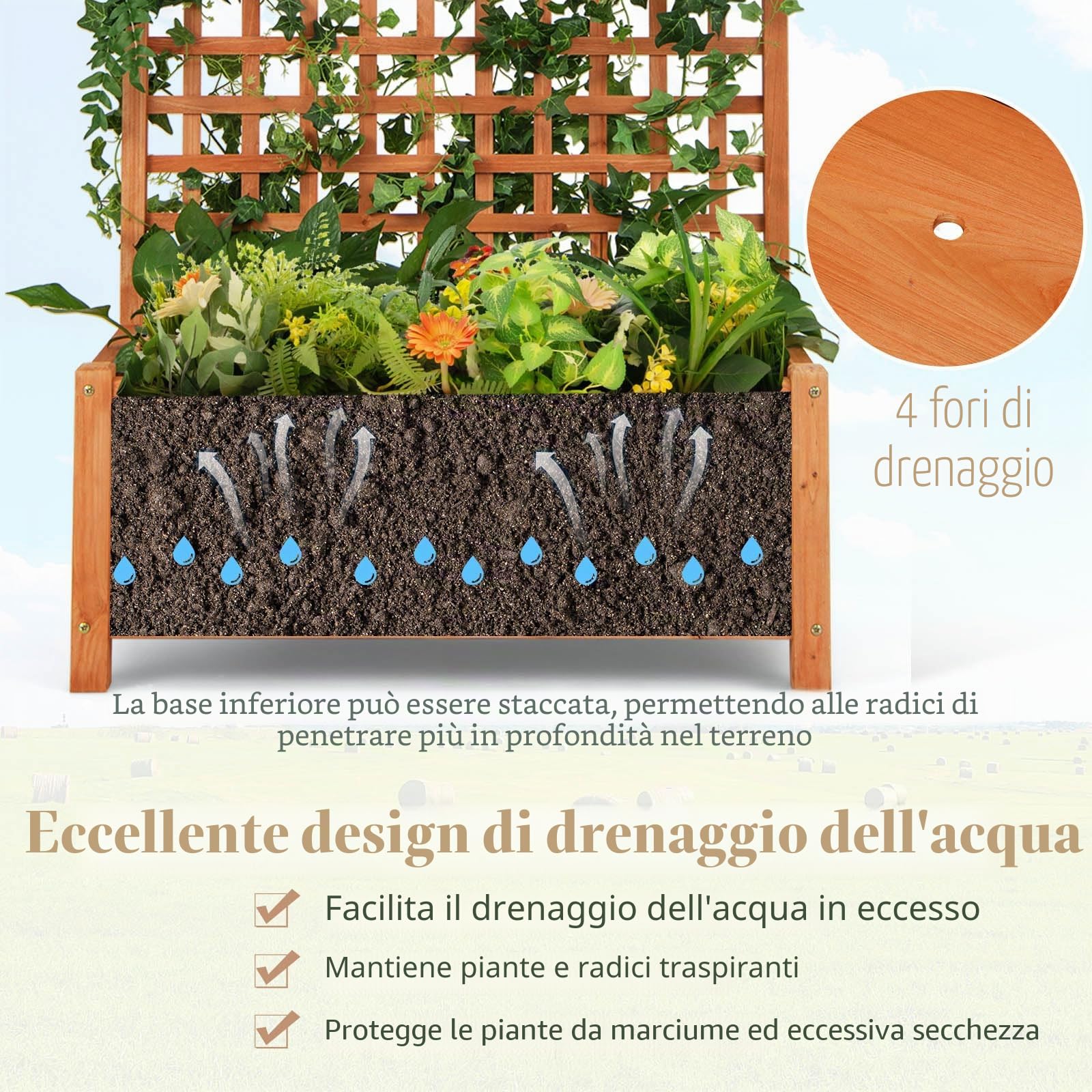 HOMASIS Fioriera con Grigliato e Tetto in Legno, Vaso Rettangolare da Esterno con Fori di Drenaggio, Orto Verticale per Piante Rampicante da Terrazza, Balcone (Naturale, 75 x 33 x 181 cm)