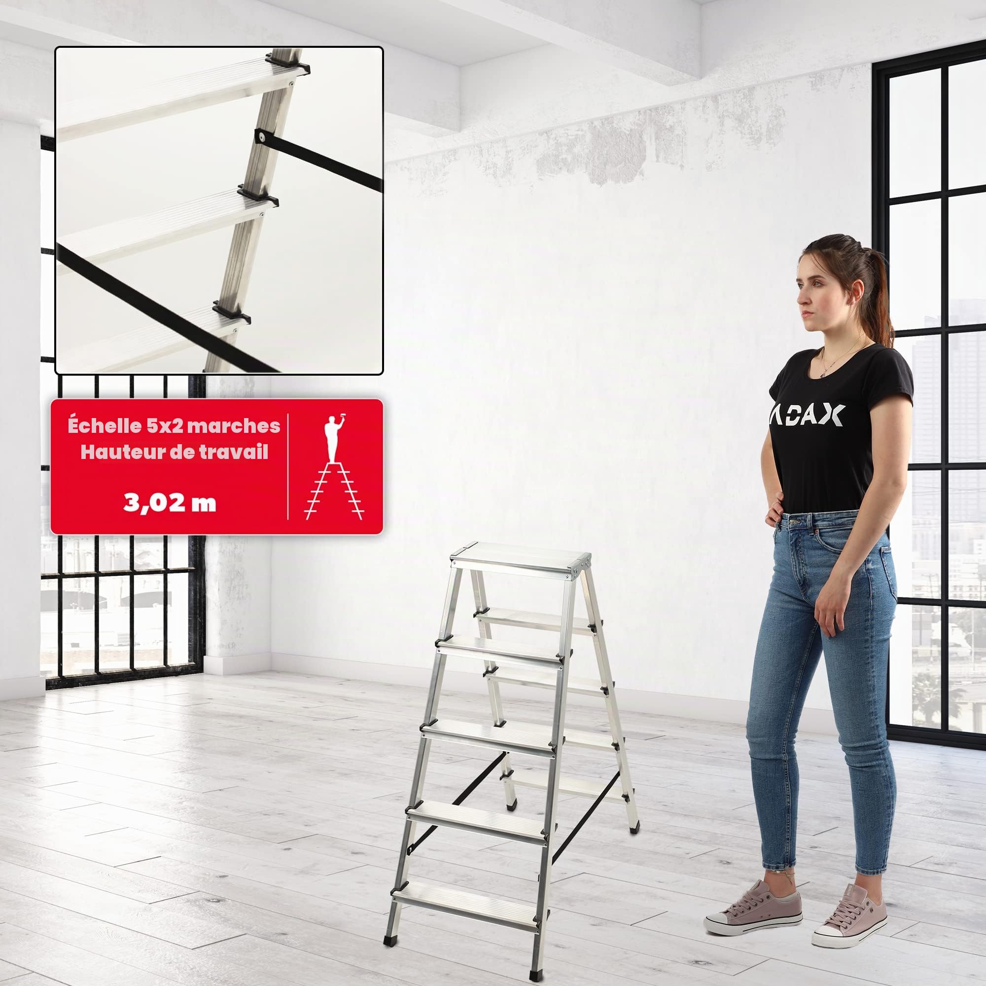 KADAX Escabeau alu 5 marches Pliable | jusqu'a 125kg | Pieds antiderapants | Menage Peinture Atelier | Leger transportable