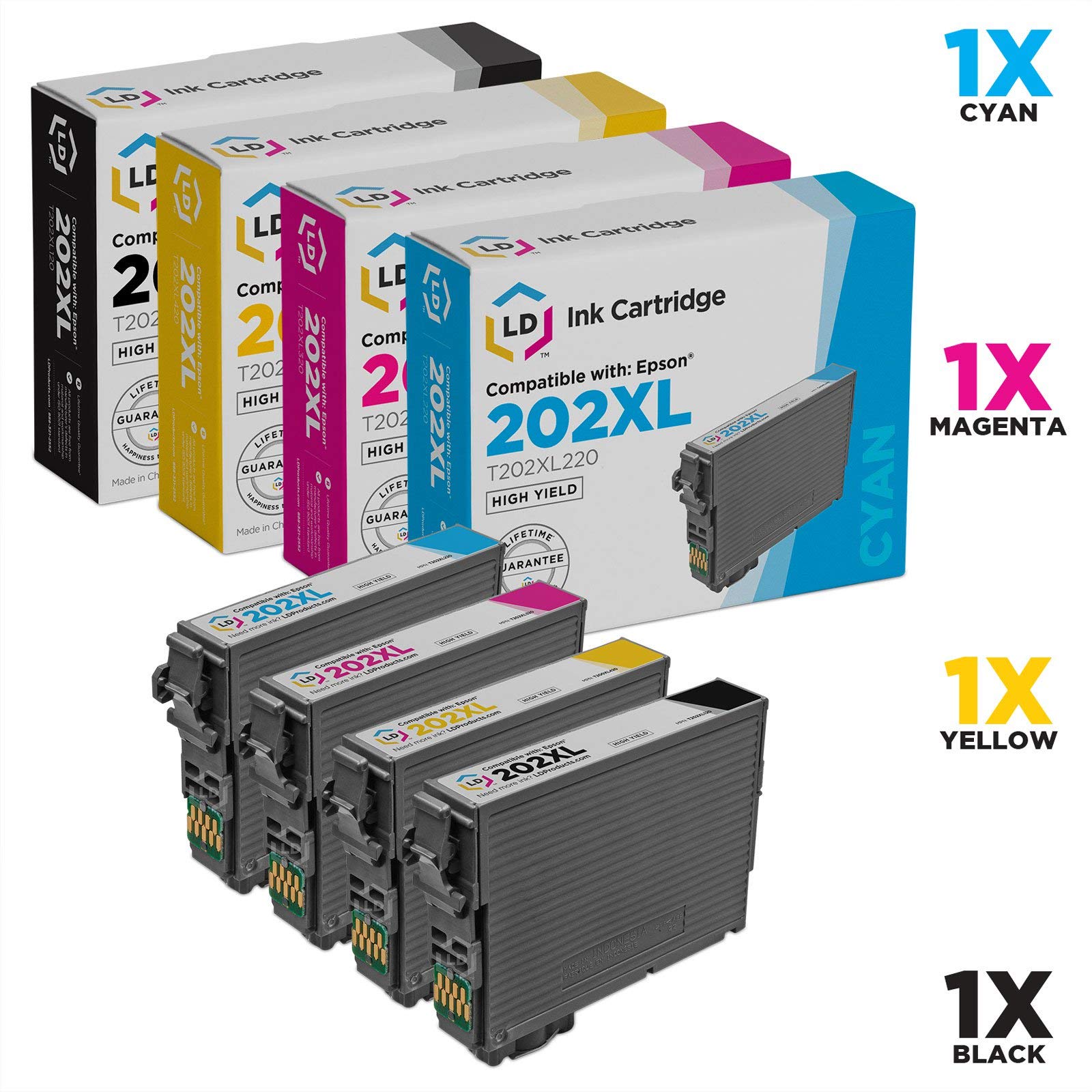 LD Products Remanufactured Ink Cartridge Replacements for Epson 202XL High Yield (Black, Cyan, Magenta, Yellow, 4-Pack) for use in Expression XP-5100, Workforce WF-2860