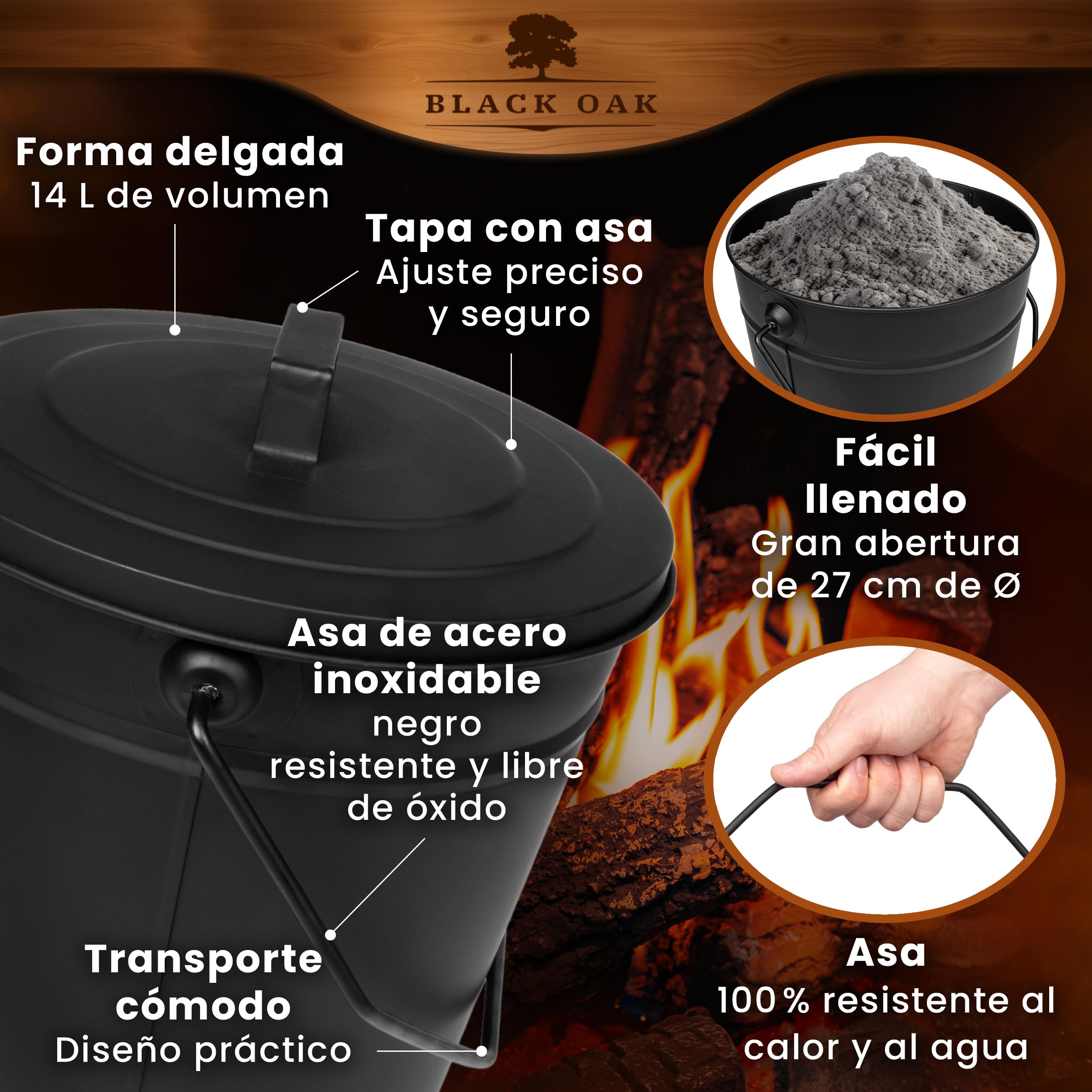 BLACK OAK Cubo de ceniza ETNA 14L – negro con tapa – grande 14 litros – Acero galvanizado y recubierto de polvo para cenizas y carbón, accesorio ideal para chimenea, estufa de azulejos, estufa de leña