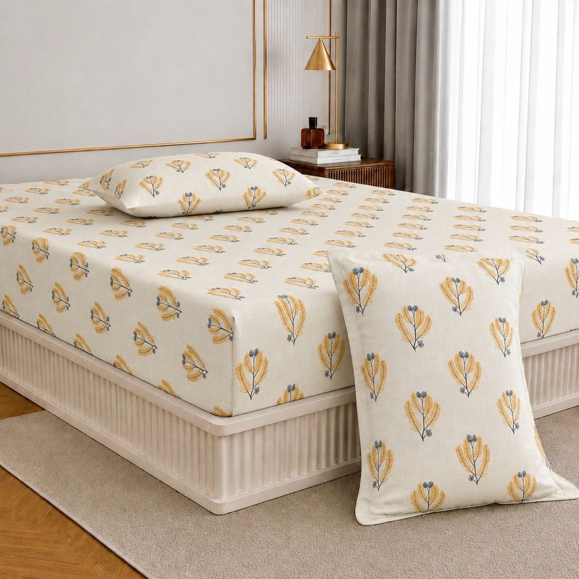 Jaipur Weaves King Size Elastic Fitted Bedsheet, 100% Pure Cotton King Size Fitted Bedsheet for Double Bed with 2 Pillow Covers, 240 TC, 72×78 Inches up to 8-inch Mattress, Floral (Gradient Yellow)