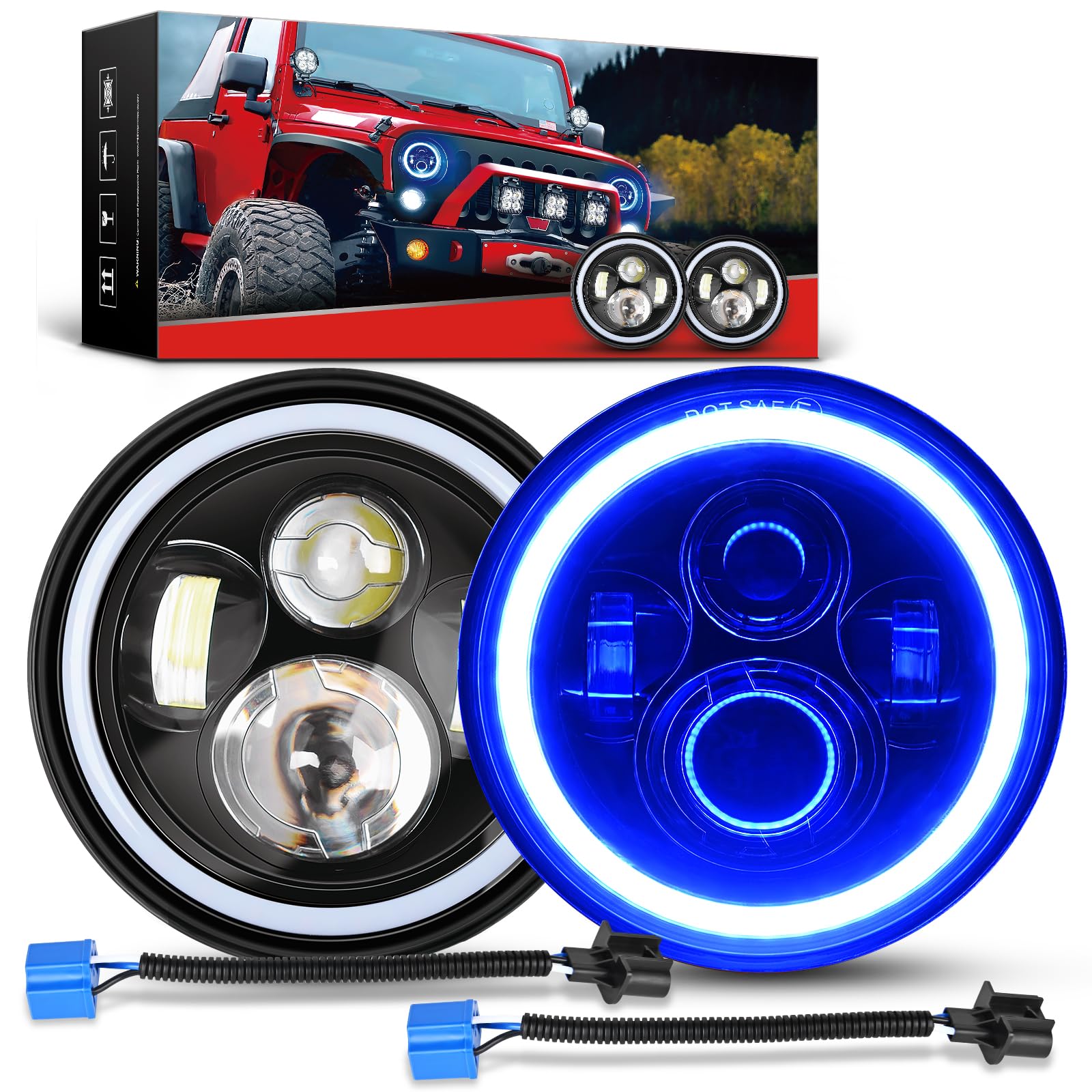 Nilight 2PCS 7 Inch LED Halo Headlights w/Turn Signal Amber Blue DRL