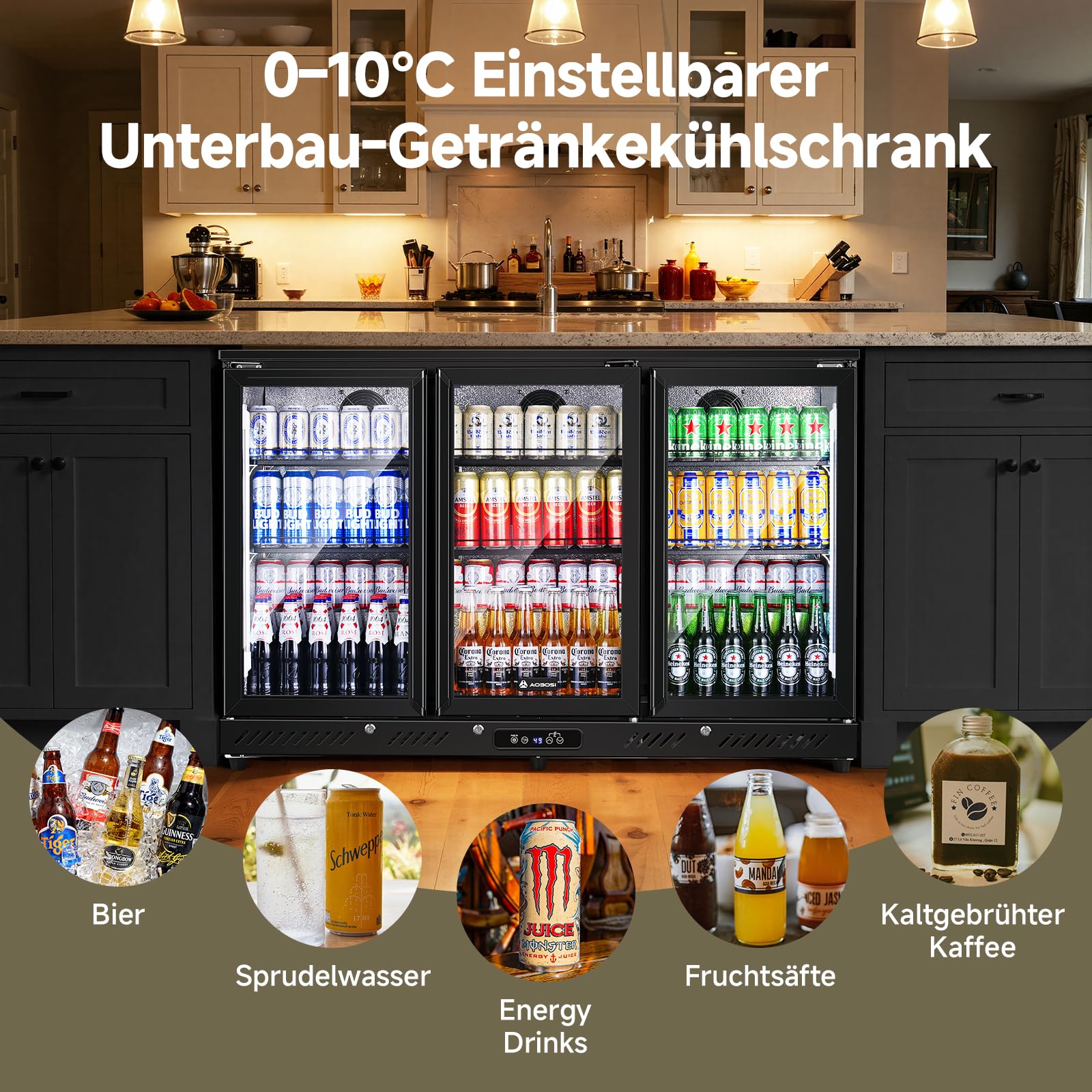 AAOBOSI Bierkühlschrank 339L Touch-Display 0–10°C LED-Seitenbeleuchtung Automatische Abtauung Sicherheitsschloss