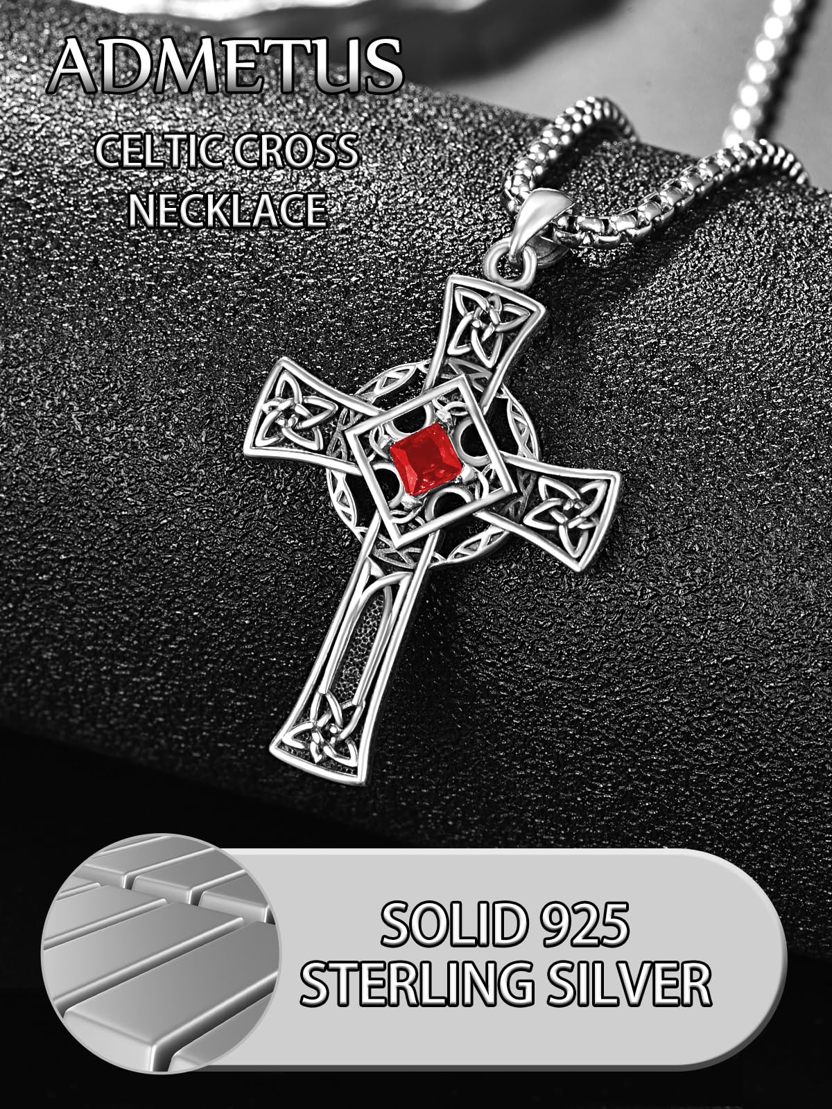ADMETUS Keltisches Kreuz Anhänger Silber 925 Januar Geburtsstein Halskette Keltischer Knoten Kette mit Geburtsstein Kreuz Schmuck Geschenke für Herren