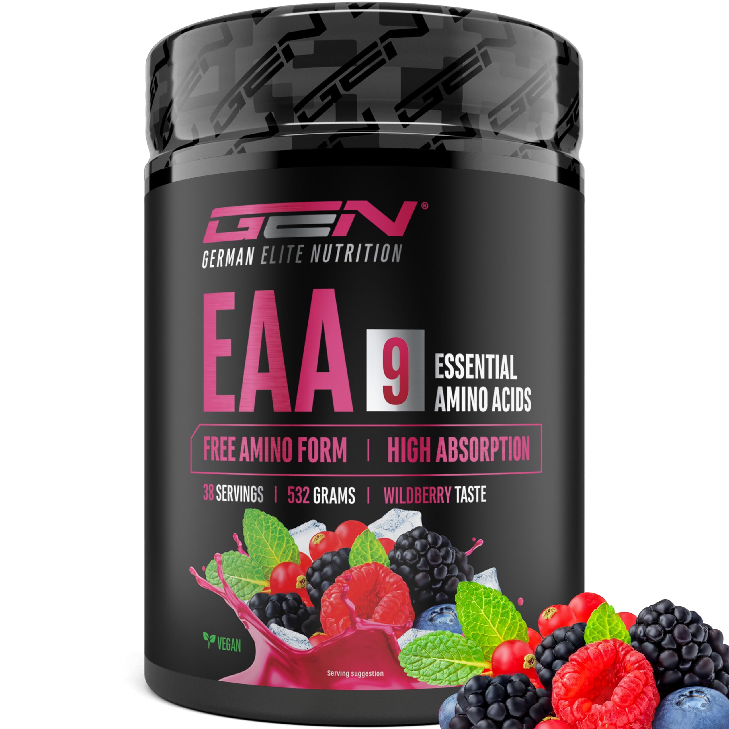 Polvere EAA 532 g (38 porzioni) - Tutti i 9 aminoacidi essenziali incl. istidina e BCAA - Formula Human Code - Vegano - Molto solubile - Bevanda di amminoacidi rinfrescante (Wildberry)