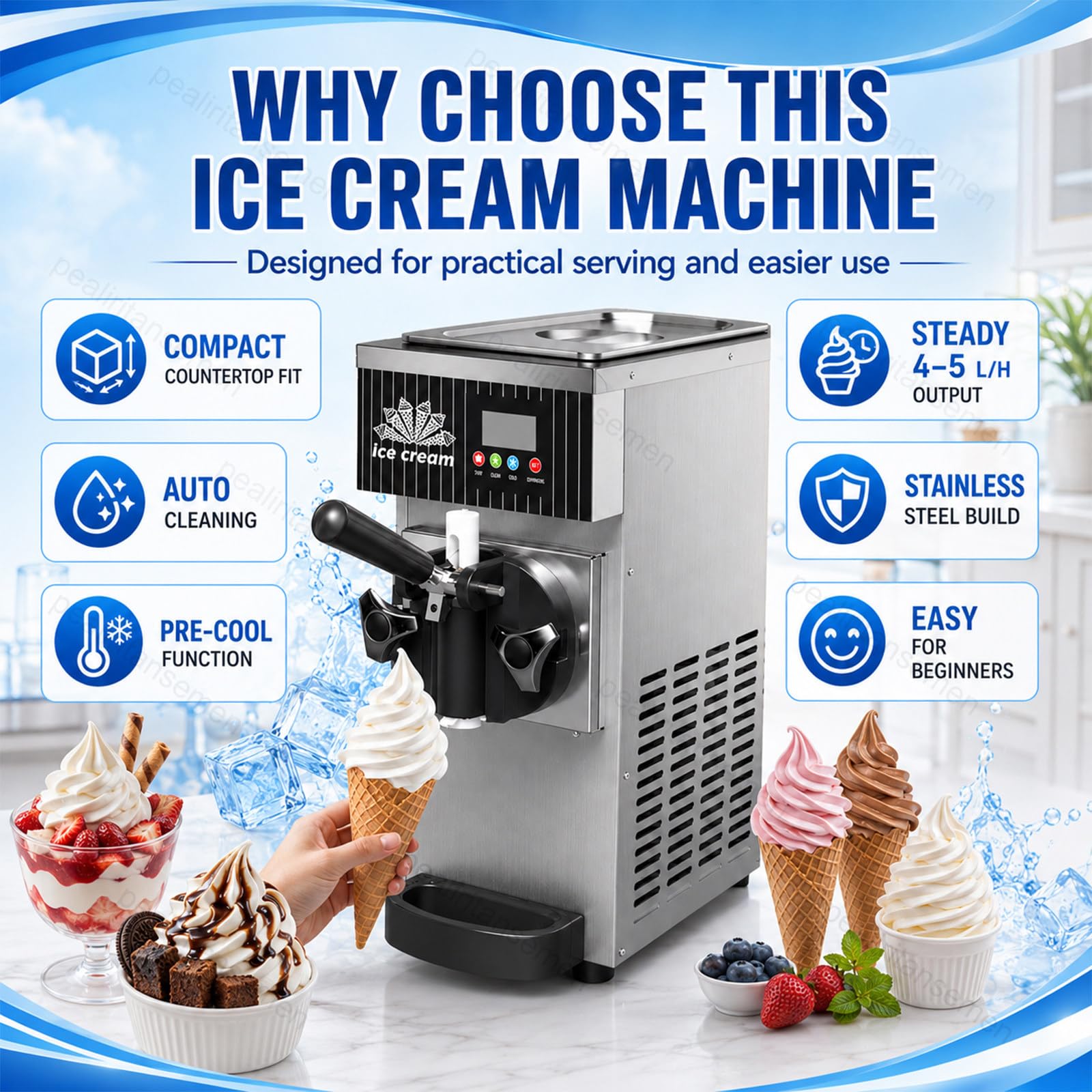 Macchina per Gelato Soft 450W, Gelatiera da Banco con Display LCD, Pre-Raffreddamento, Pulizia Automatica, Vasca 2,5L, Macchina Gelato Monogusto per Bar e Gelateria StainlessSteel