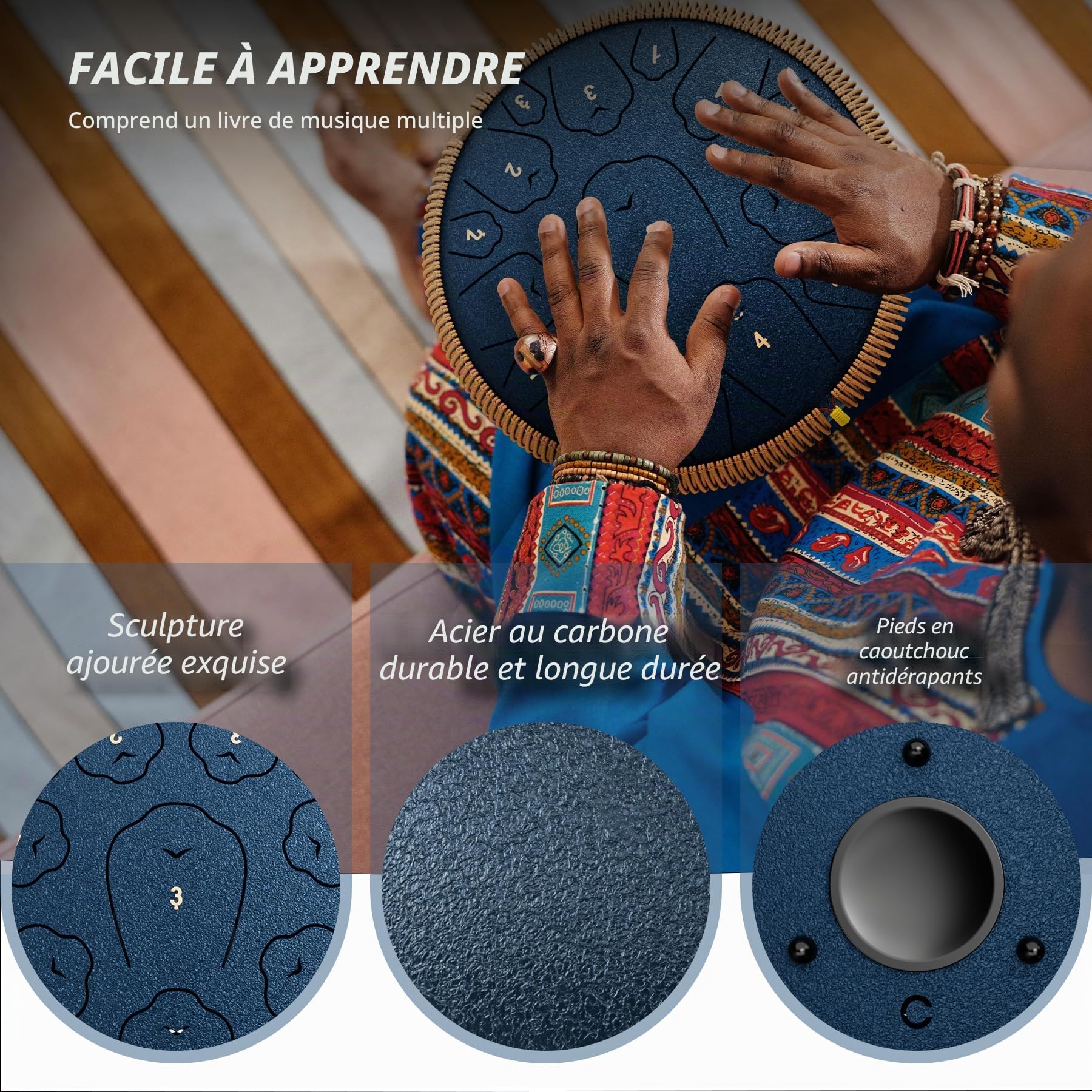 Tambour à langue en acier de 33 cm à 15 notes, instrument de percussion en do majeur, tambour à main avec livre de musique, maillets de batterie et sac de transport (bleu marine)