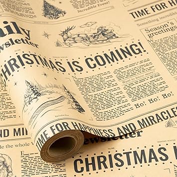 RUSPEPA Vintage Newspaper Christmas Wrapping Paper Roll, Mini Roll, CHRISTMAS IS COMING Headline with Christmas Tree and Festive Design, Fun Kraft Gift Wrap for Holiday Party, 17 Inches x 16.4 Feet