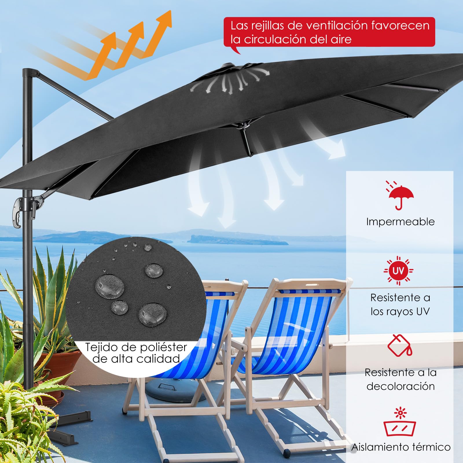 COSTWAY Sombrilla Terraza Exterior 3x3M con Base Cruzada, Sombrilla Rectangular 3 Inclinaciones, Rotación 360°, Parasol Excentrico Grande Jardin Terraza Playa Exterior
