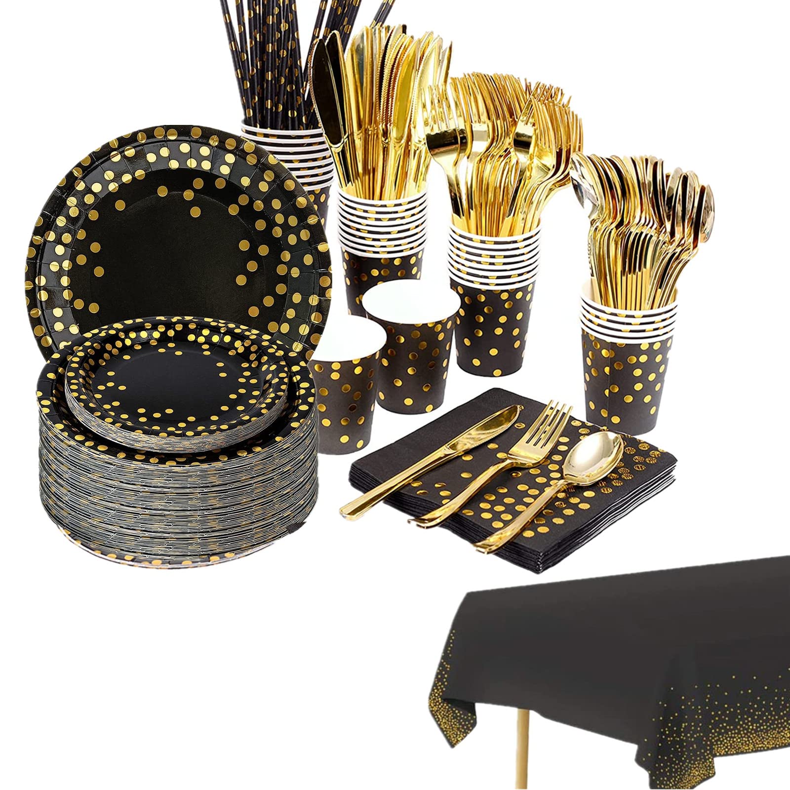 Black & Gold Party Supplies - U-HOOME 201 Pieces Disposable Dinnerware Set Includes Black Paper Plate Napkin Cup Gold Plastic Fork Knives Spoon for Birthday ,Wedding, Serves 25