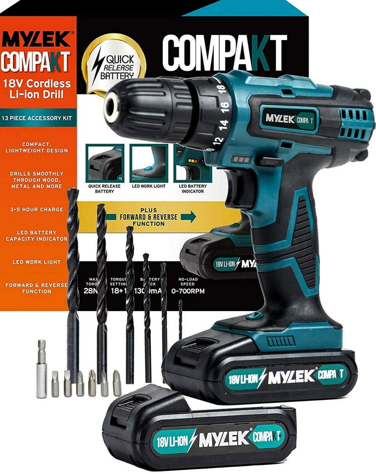 Mylek Blue 18V Drill With Two Batteries 18V Cordless Drill With Two Batteries Lithium Ion, Uk Charger, 18 Volts Combi Driver Electric Screwdriver, Diy Accessory Kit (Blue 18V Drill With Two Batteries)