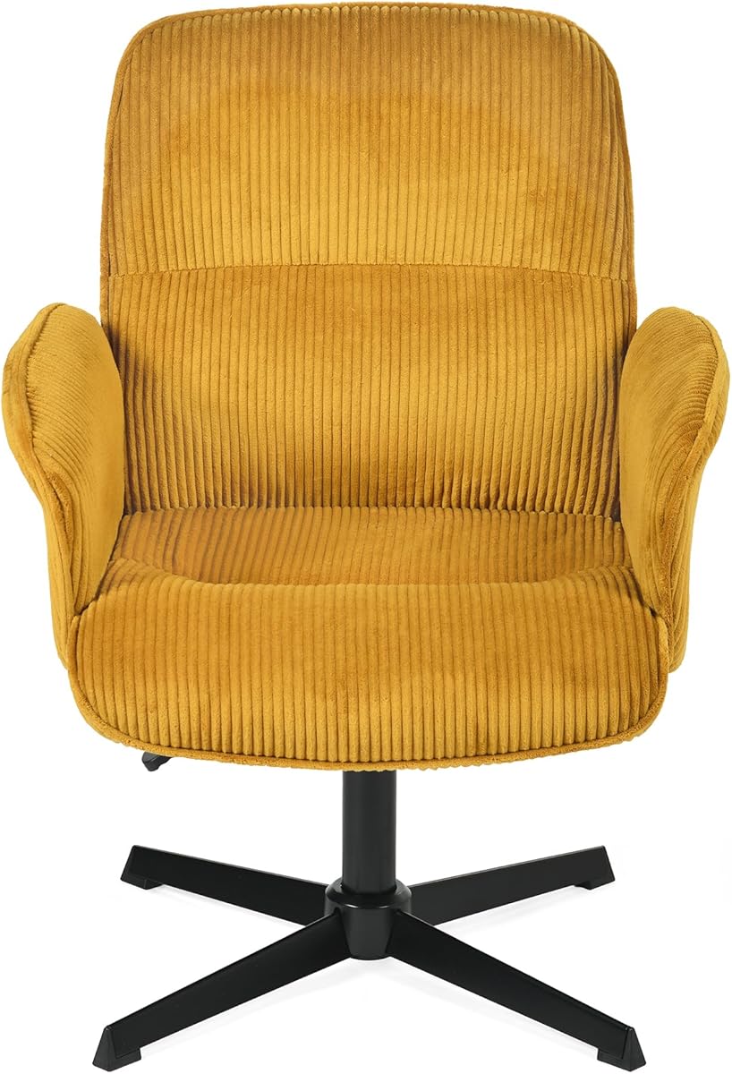 Meuble Cosy Fauteuil de Bureau Chaise de Coiffeuse Ergonomique Siège Pivotant Hauteur Réglable avec Accoudoir en Velours Côtelé sans roulettes Jambes Croisées Capacité 120 kg Jaune