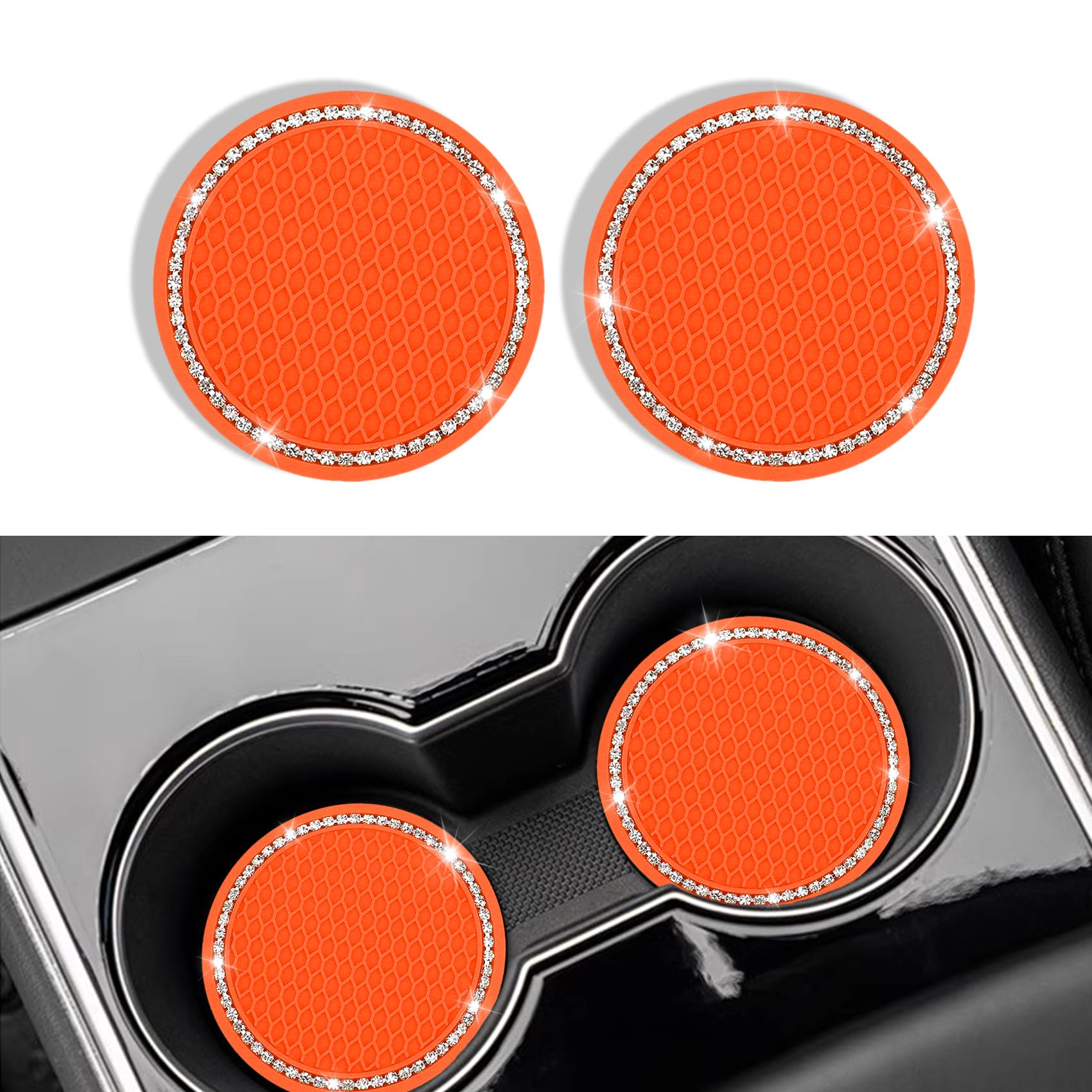 2PCS Bling Car Cup Coaster, Universal Non-Slip Cup Holders Embedded in Ornaments Coaster, 2.75In Car Drink Cup Mat, Vehicle Interior Decor Accessories (Orange, 2PCS)