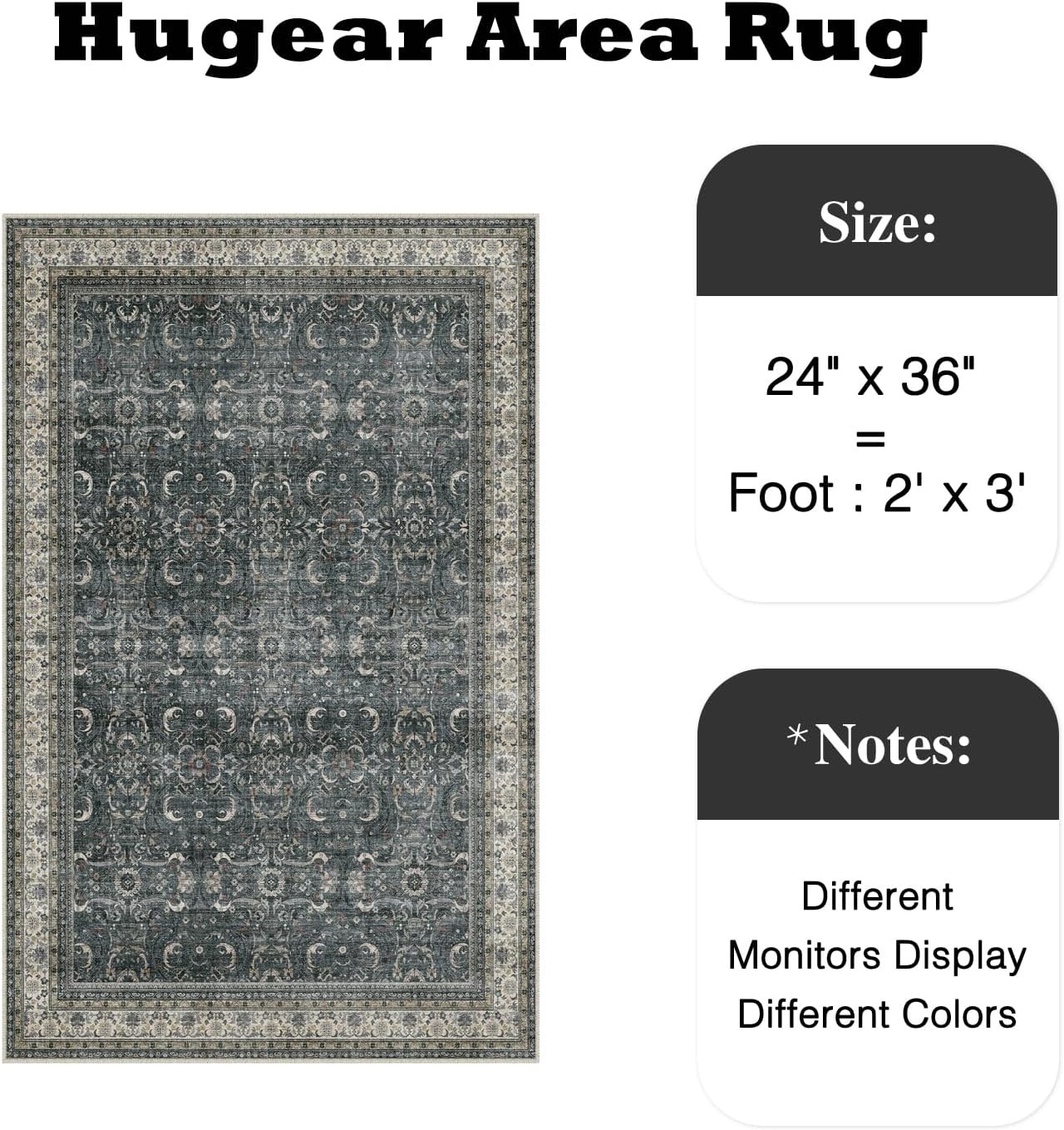 HUGEAR 2x3 Entryway Area Rug Vintage Black Small Rug Machine Washable Door Mat Retro Floral Low Pile Carpet Vacuumable Distressed Throw Rug Entrance Kitchen Bathroom Bedroom Non Slip Lightweight