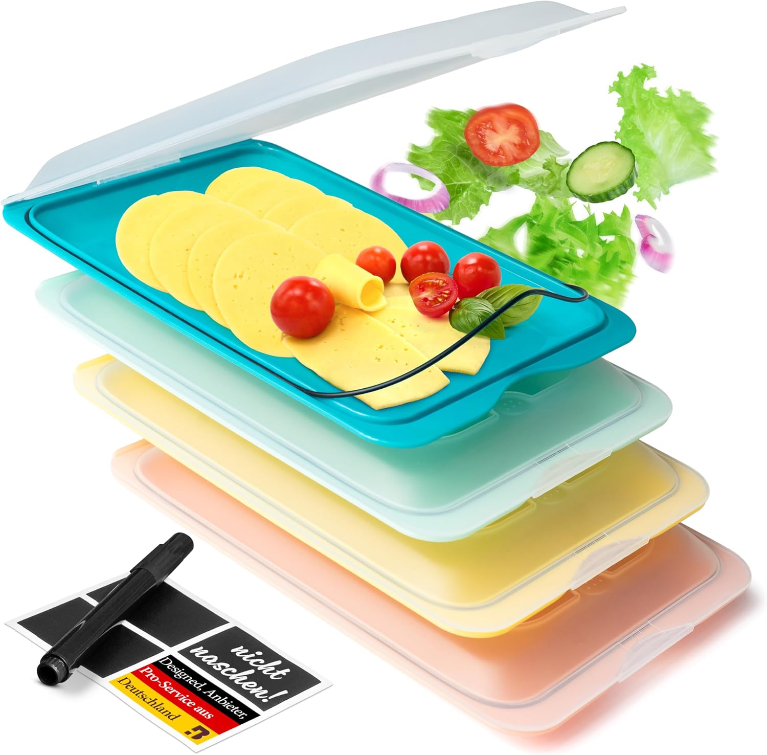 Aufschnittboxen für Kühlschrank 4er Set | Aufschnittbox stapelbar ideal zur Wurst Aufbewahrung Kühlschrank | Frischhaltedosen mit Deckel inkl. Kreidestift und 4 Tafel-Etiketten (polychrom)