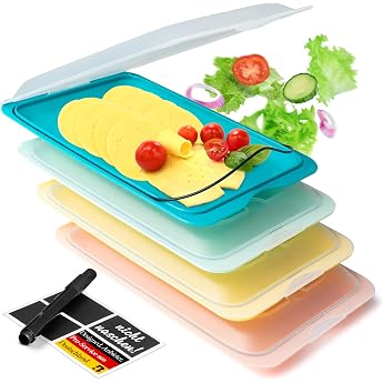 Food Storage Boxes for Fridge Set of 4 Stackable Meat Box Ideal for Sausage Storage Fridge Food Storage Containers with Lid Including Chalk Pen and 4 Blackboard Labels Polychrome