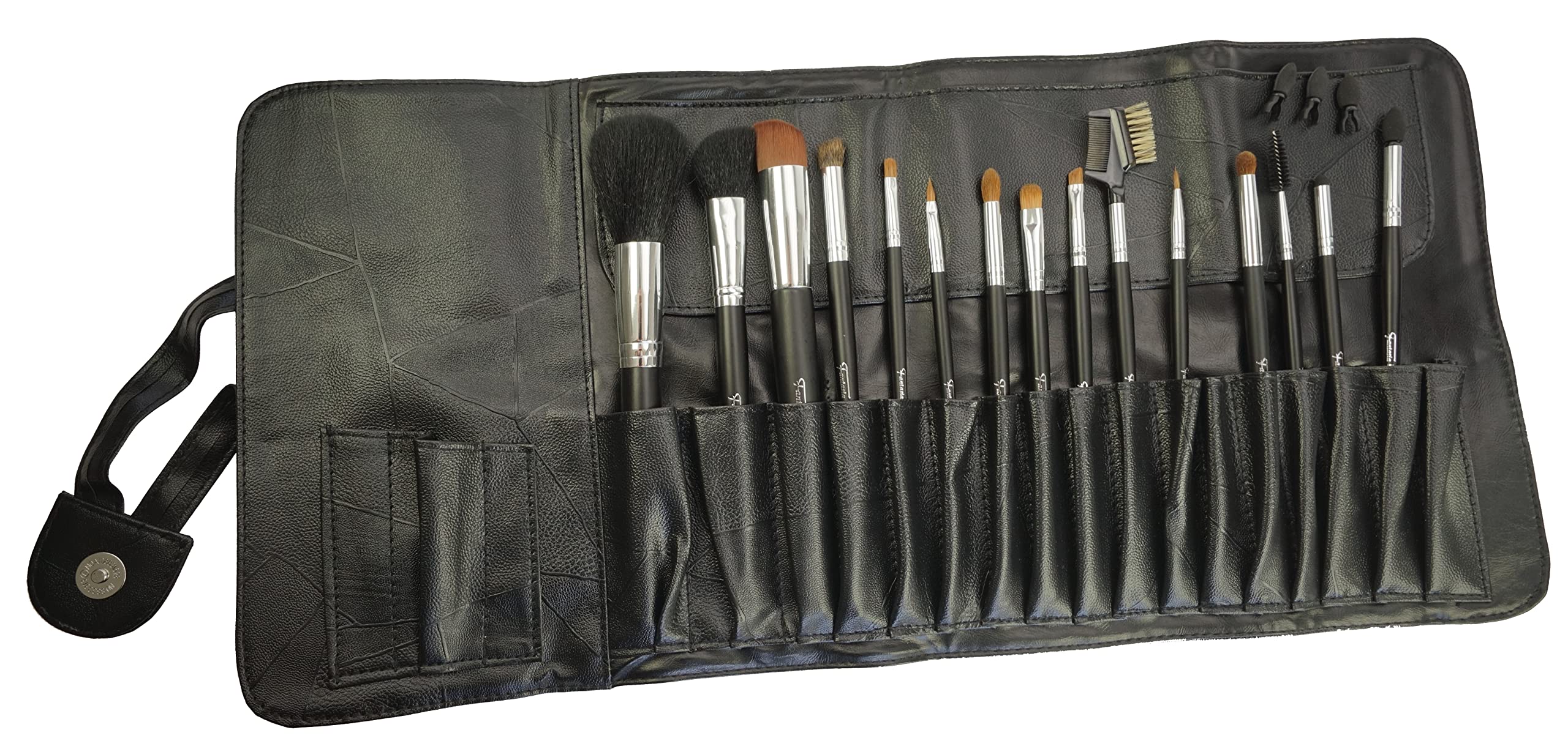 Fantasia Make Up Pinsel Set 14-teilig, Professionelles mit 3 Ersatz Applikatoren, hochwertiges Schminkpinsel Set Naturhaar – in Kunstledertasche, schwarz