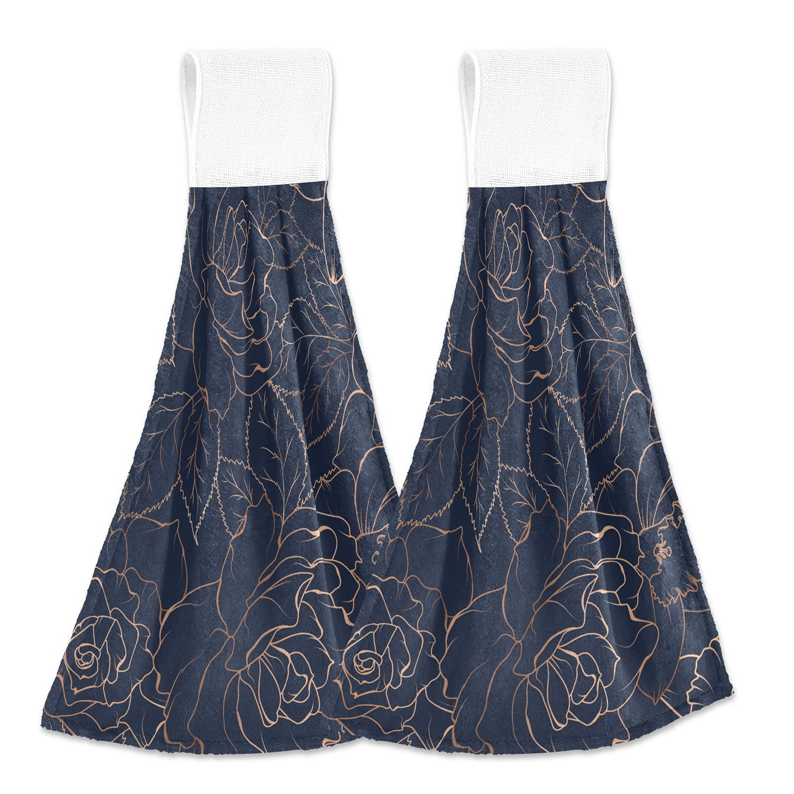Poeticcity Navy Blue,Rose Copper-Gold Shiny Outline Rose Peony Flowers Leaves On Dark Navy Blue 2 Pcs Hanging Kitchen Hand Towel, Dish Dishcloth Towels With Hanging Loop, Absorbent Tea Bar Bath Tie Towel For Tabletop Kitchen