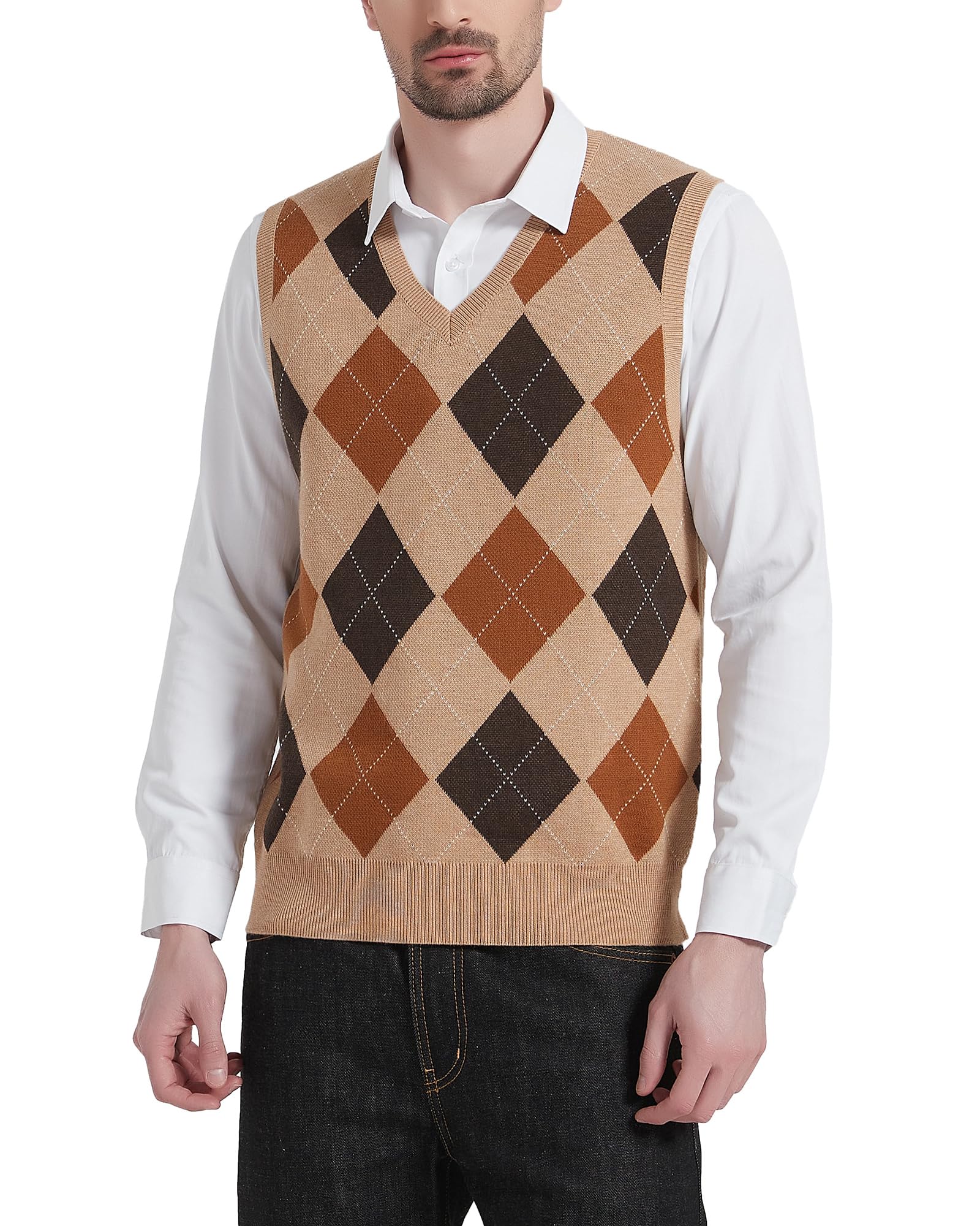 kallspin Men's Argyle Vest Sweater Wool Blend V-Neck Sleeveless Pullover Sweater-picture-12