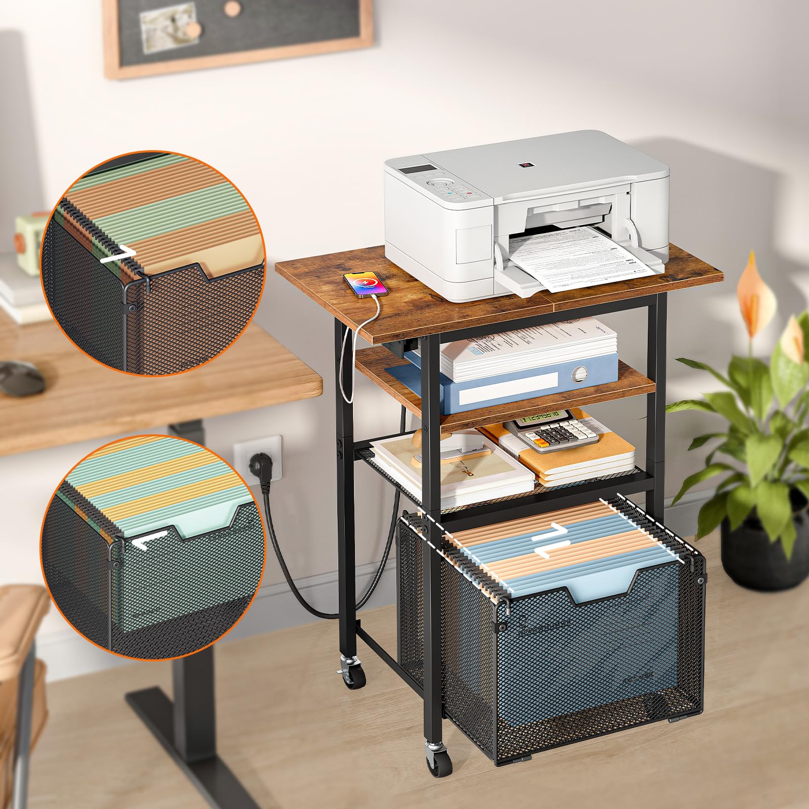 HOOBRO Soporte de Impresora con Estación de Carga, Mesa Rodante con Cajón para Documentos, Carrito Móvil de 4 Niveles con Toma CA, para Oficina, Marrón Rústico y Negro EBF17CPS01