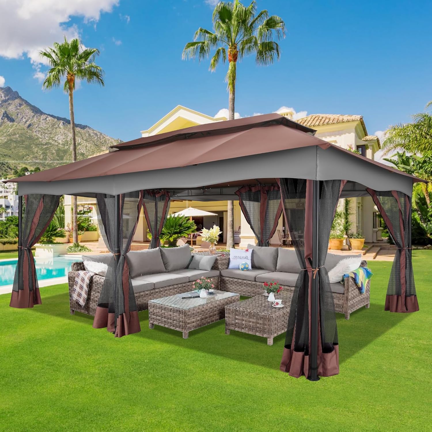 HOTEEL 12x20ft Gazebo on Clearance, Outdoor Gazebo Tent with Mosquito Netting and Ventilated Double Flat Roof, Easy Set up Canopy Tent with Stable Metal Frame for Patio, Brown(Upgraded 3.0)