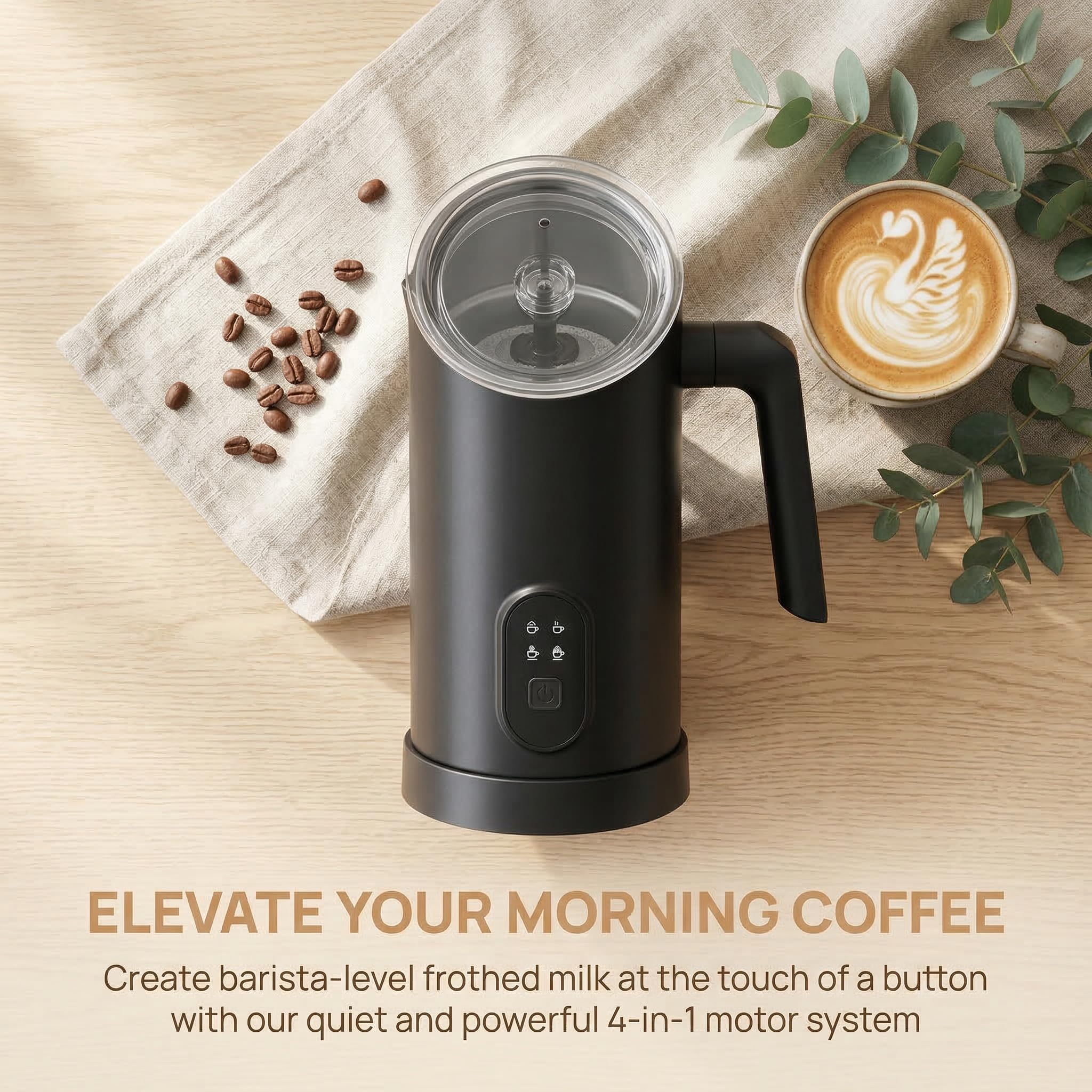 Espumador De Leche Eléctrico 350ml 4 Modos, Mousseador De Leche Caliente Fría con Interior De Acero Inoxidable 304, Calentador Automático para Latte Cappuccino Café Y Chocolate Caliente