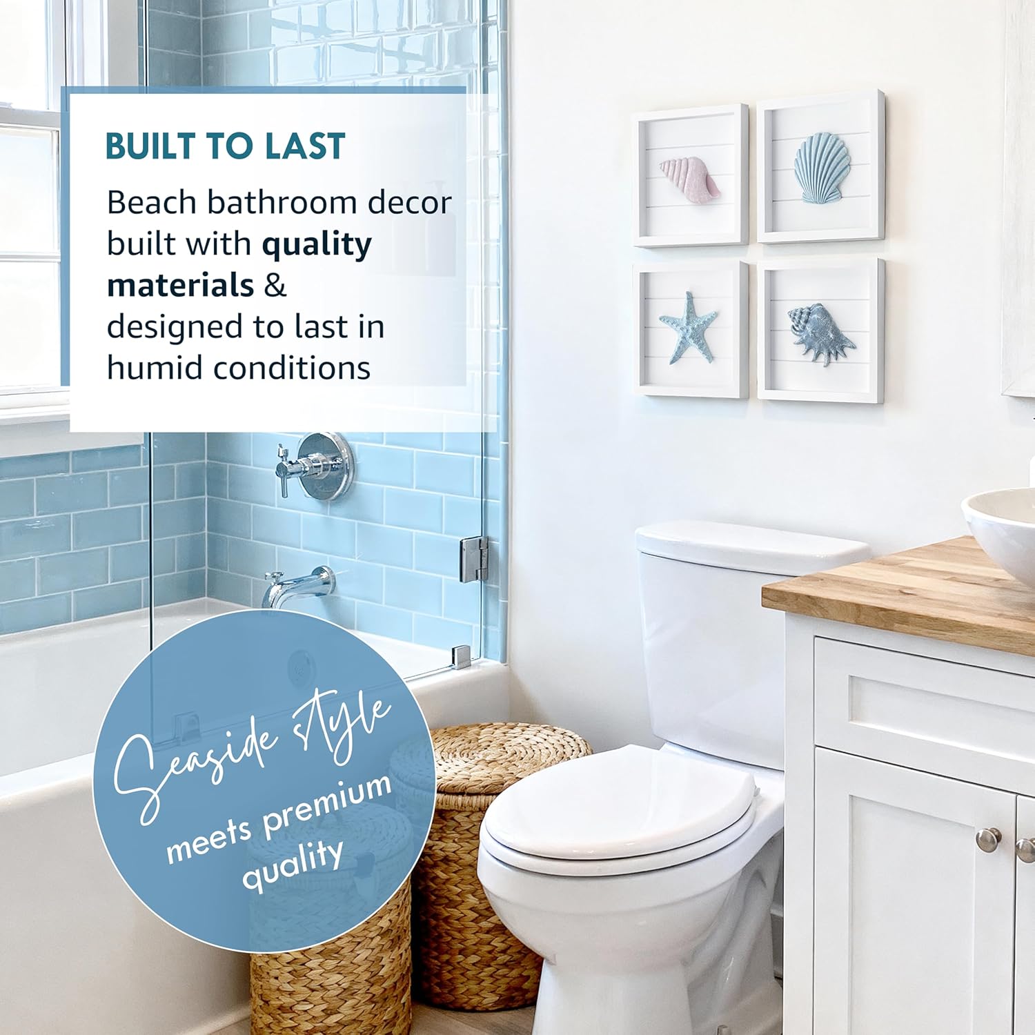 Tide and Tales 3D Seashells & Starfish Coastal Wall Art Decor (Framed Set of 4) Beach Wall Decor for Bathroom or Coastal Bedroom - Ocean Inspired Seaside Decorations for Home or Beach House (7"x7")