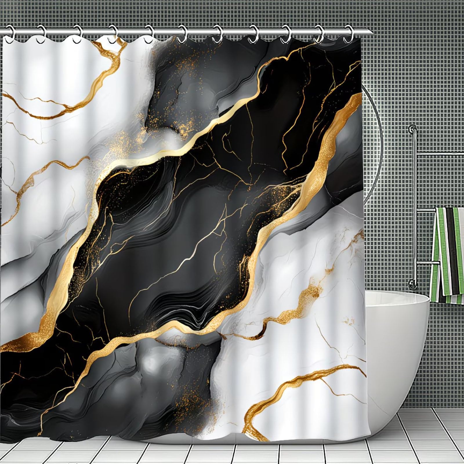 Shower Curtains Black White Marble Wet Room Shower Curtain Mould Proof Resistant Waterproof Polyster Fabric Washable with 12 Hooks Garden Bathroom Curtains (180x180cm)