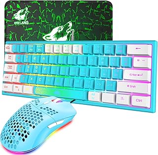 K61 UK Layout RGB 60% Gaming Keyboard Mouse Set Wired 62 Keys Mini Portable Keyboard 7 RGB LED Backlit 19 key Anti-ghosting + 6400 DPI Ultralight Gaming Mouse Honeycomb Shell +Mouse Pad -Blue Mixed