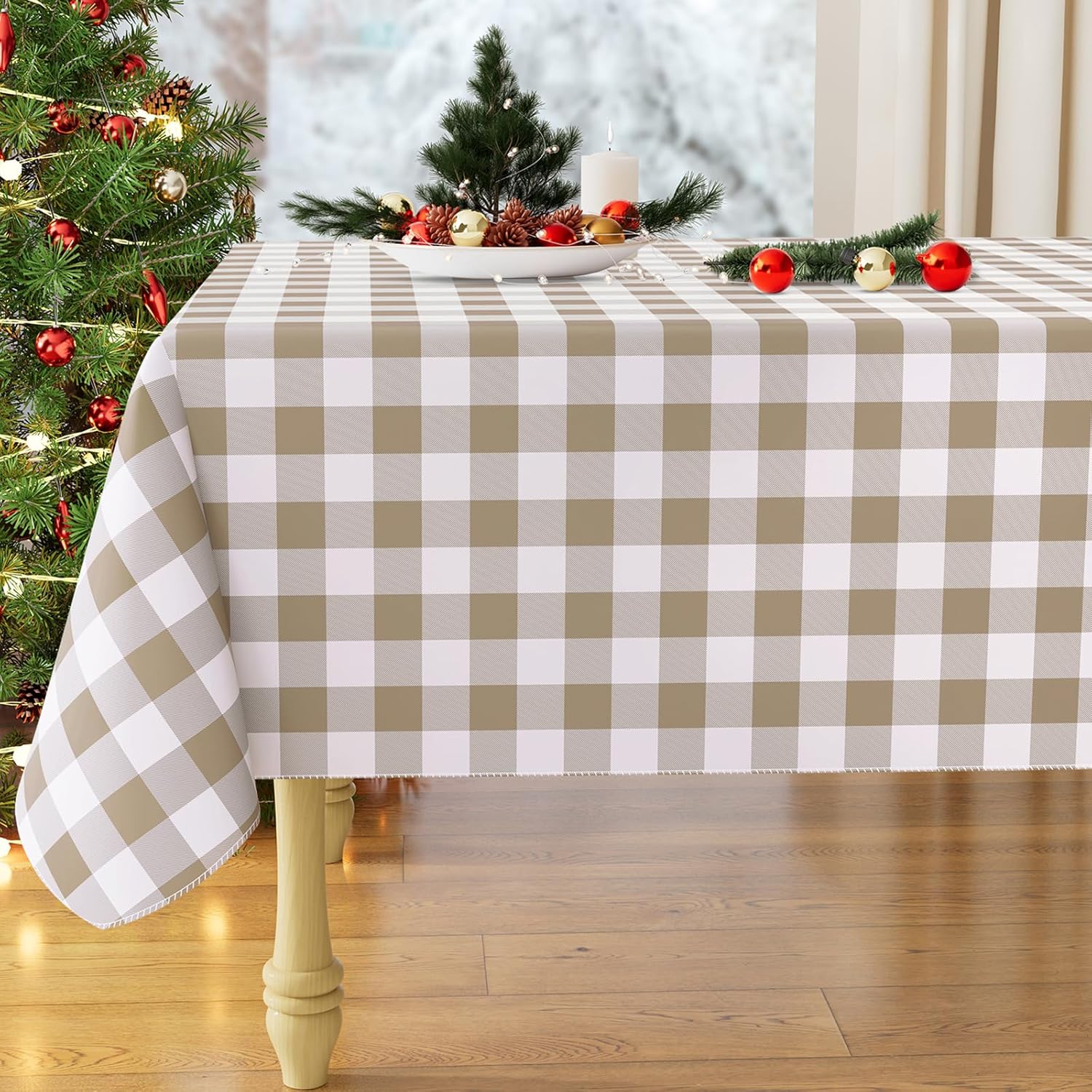 misaya rectangle waterproof vinyl table cloth, buffalo flannel backed tablecloth, wipeable plastic table cover for fall, thanksgiving (60" x 84", khaki and white) 84" x 60" (rectangular) khaki and white