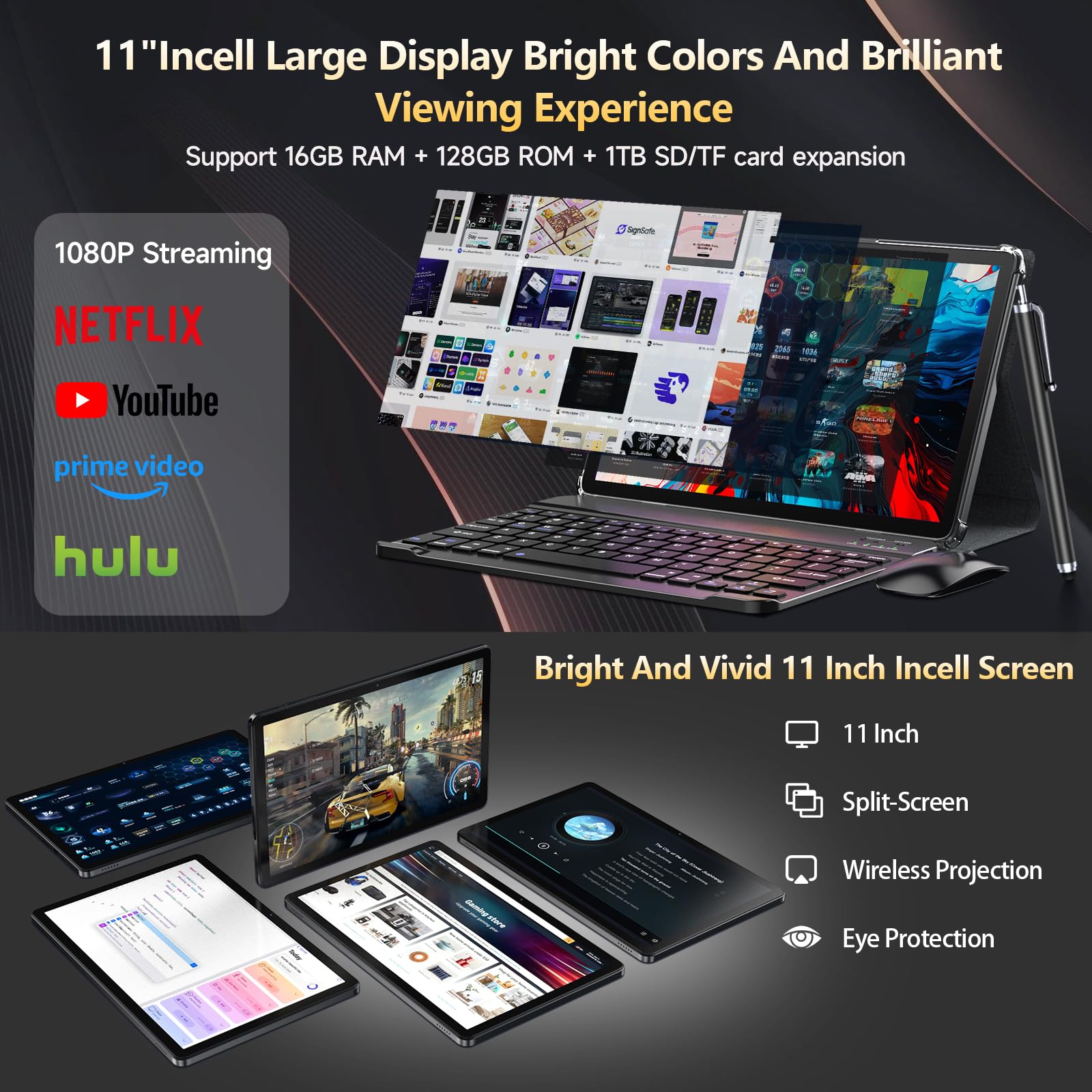 Tablet Android 15 2026 Ultimo Tablet da 11 pollici con tastiera, 128 GB ROM 16 GB RAM 2 TB espandibile, 8000 mAh, tablet Octa-Core con WiFi 5G/2.4G, grande schermo Incell, fotocamera da 13 MP+8 MP